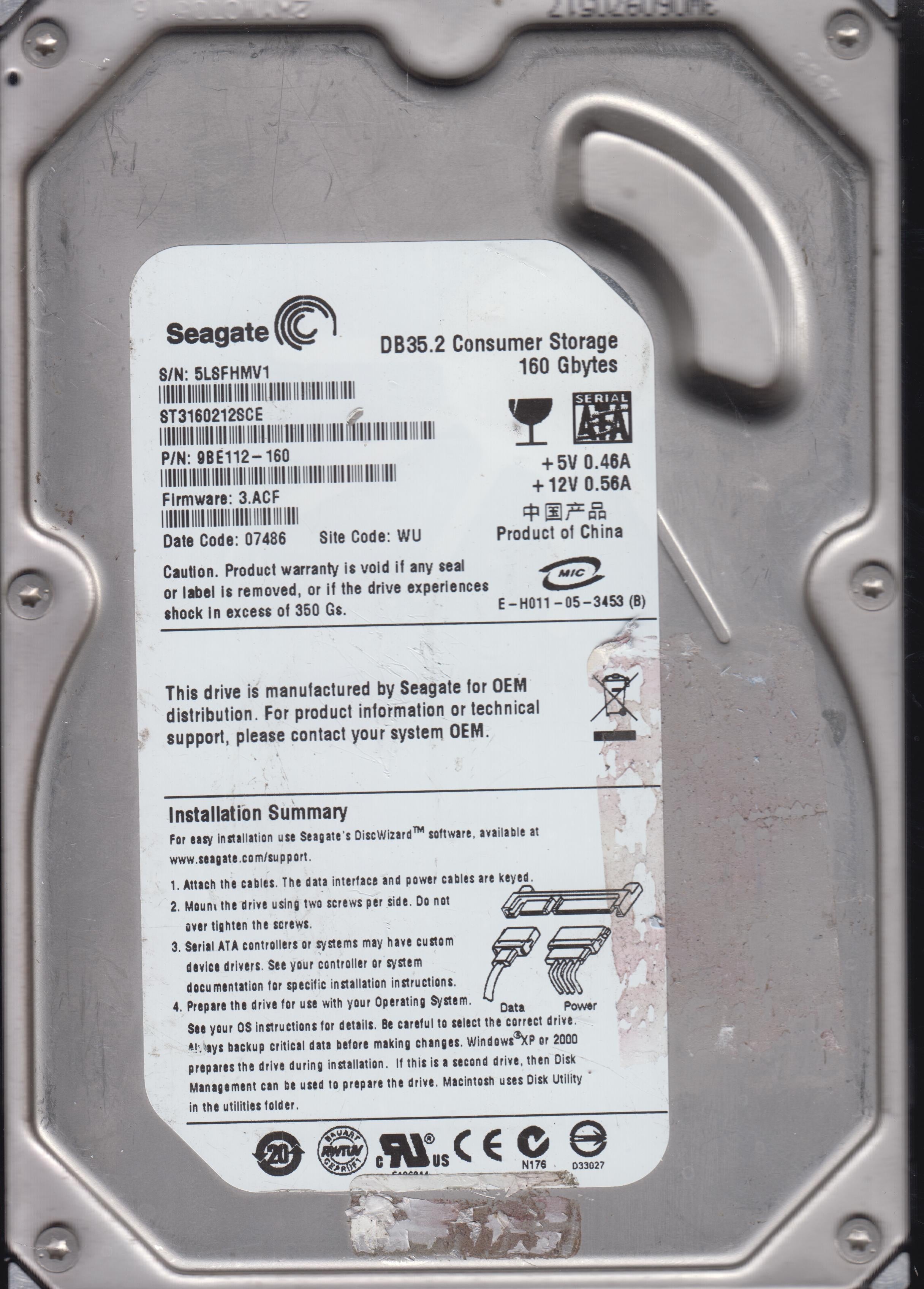 ST3160212SCE,PCB:100355589 REV C,S/N:5LSFHMV1,160GB 3.5