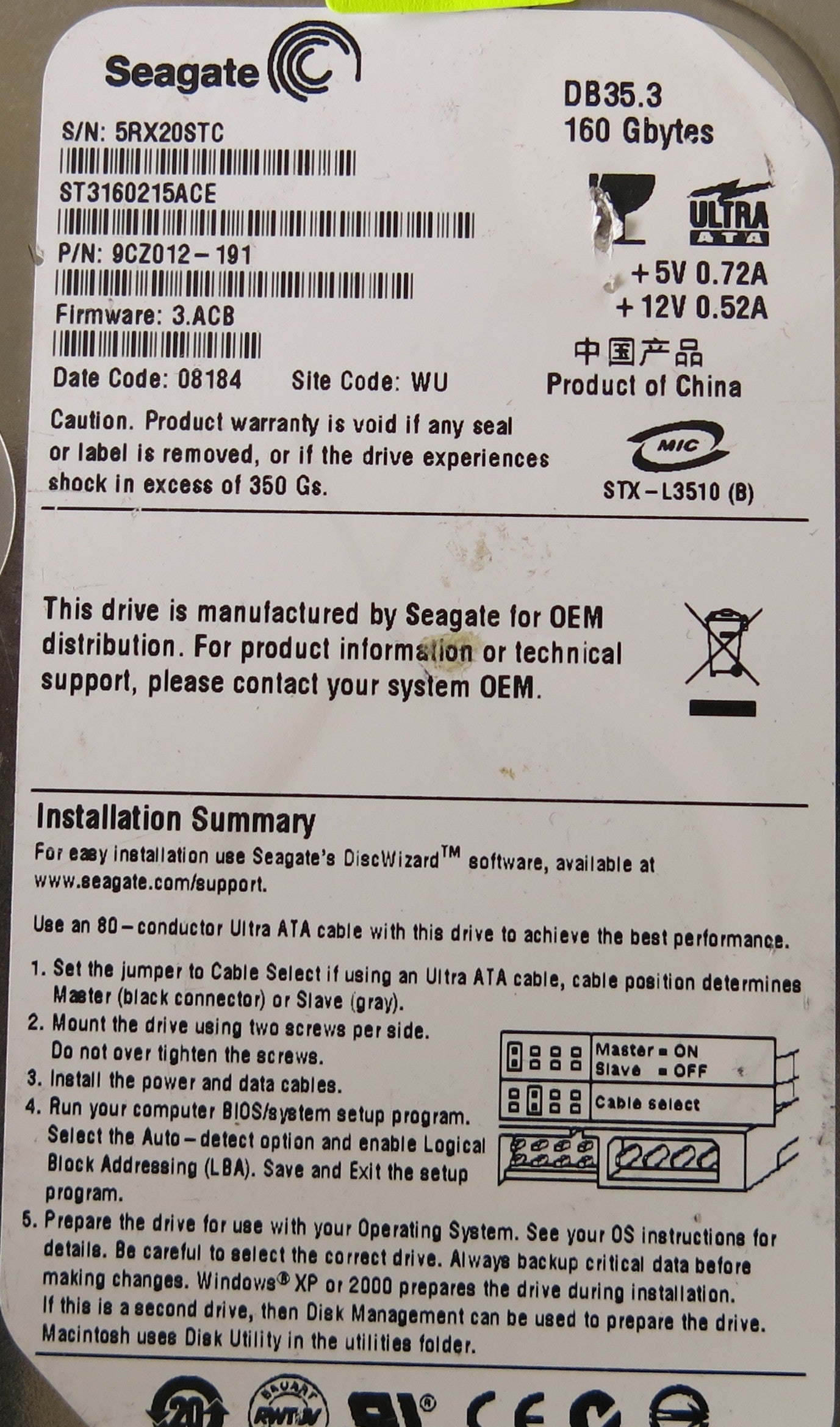 SEAGATE ST3160215ACE P/N 9CZ012-191 100431066 REV C PCB