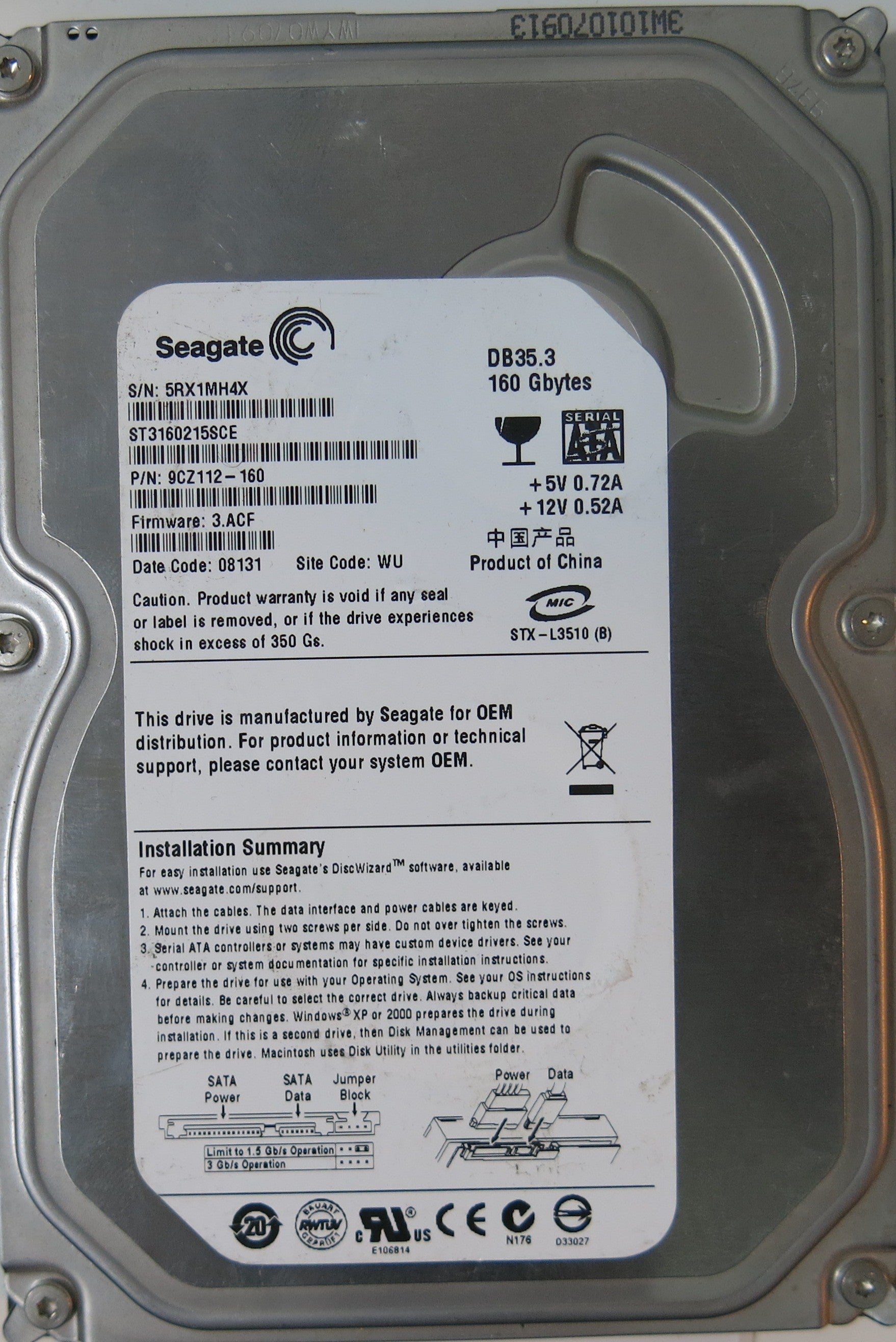 ST3160215SCE,  P/N:9CZ112-160,  FW:3.ACF,  Serial:5RX1MH4X,  160GB 3.5,  PCB:100422559- REV C