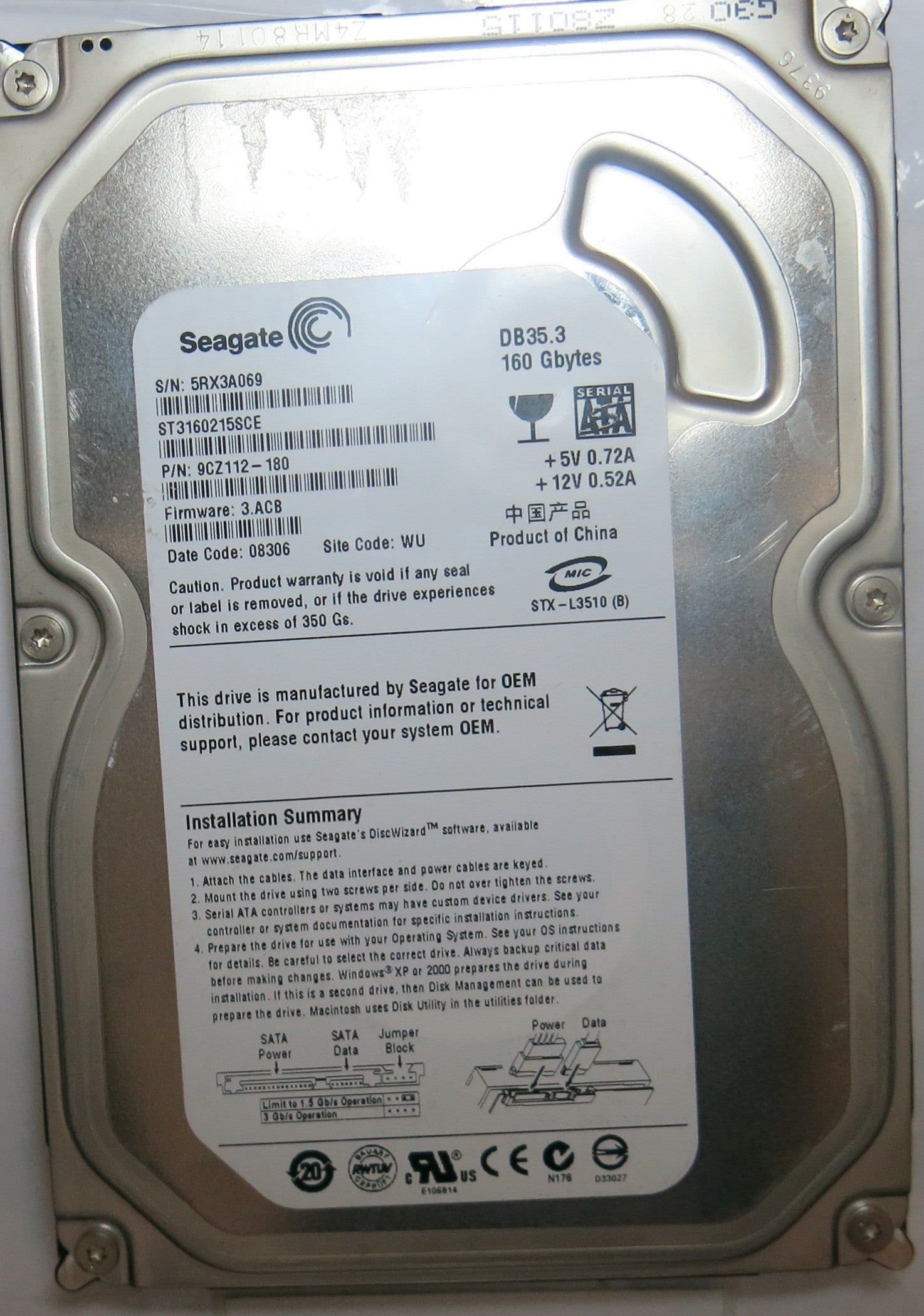 SEAGATE ST3160215SCE PN 9CZ112'180FW 3.ACB 160,GB
