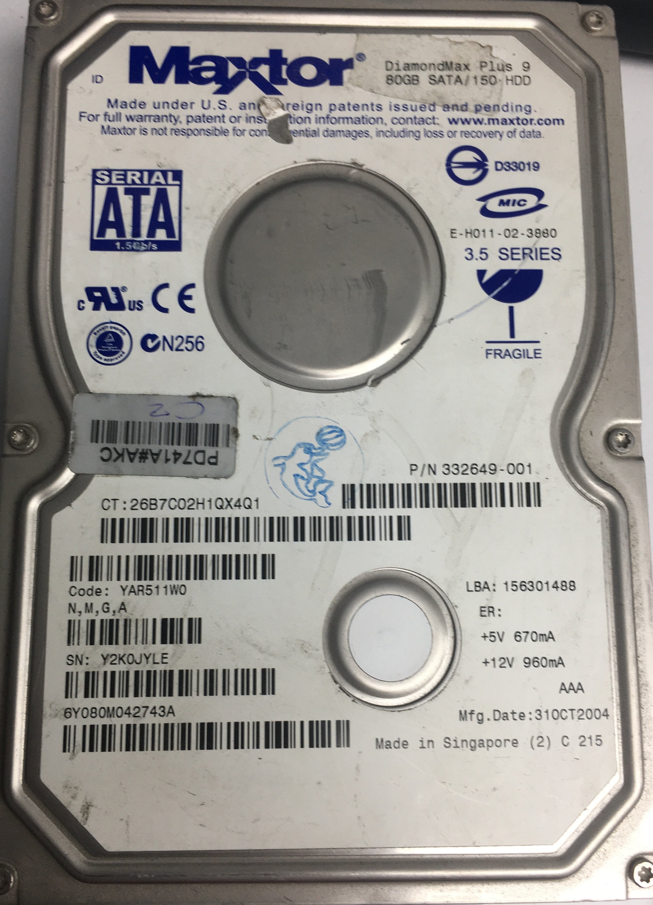 6Y080M042743A,  Serial:Y2K0JYLE,  80GB 3.5,  PCB:301861101- REV A