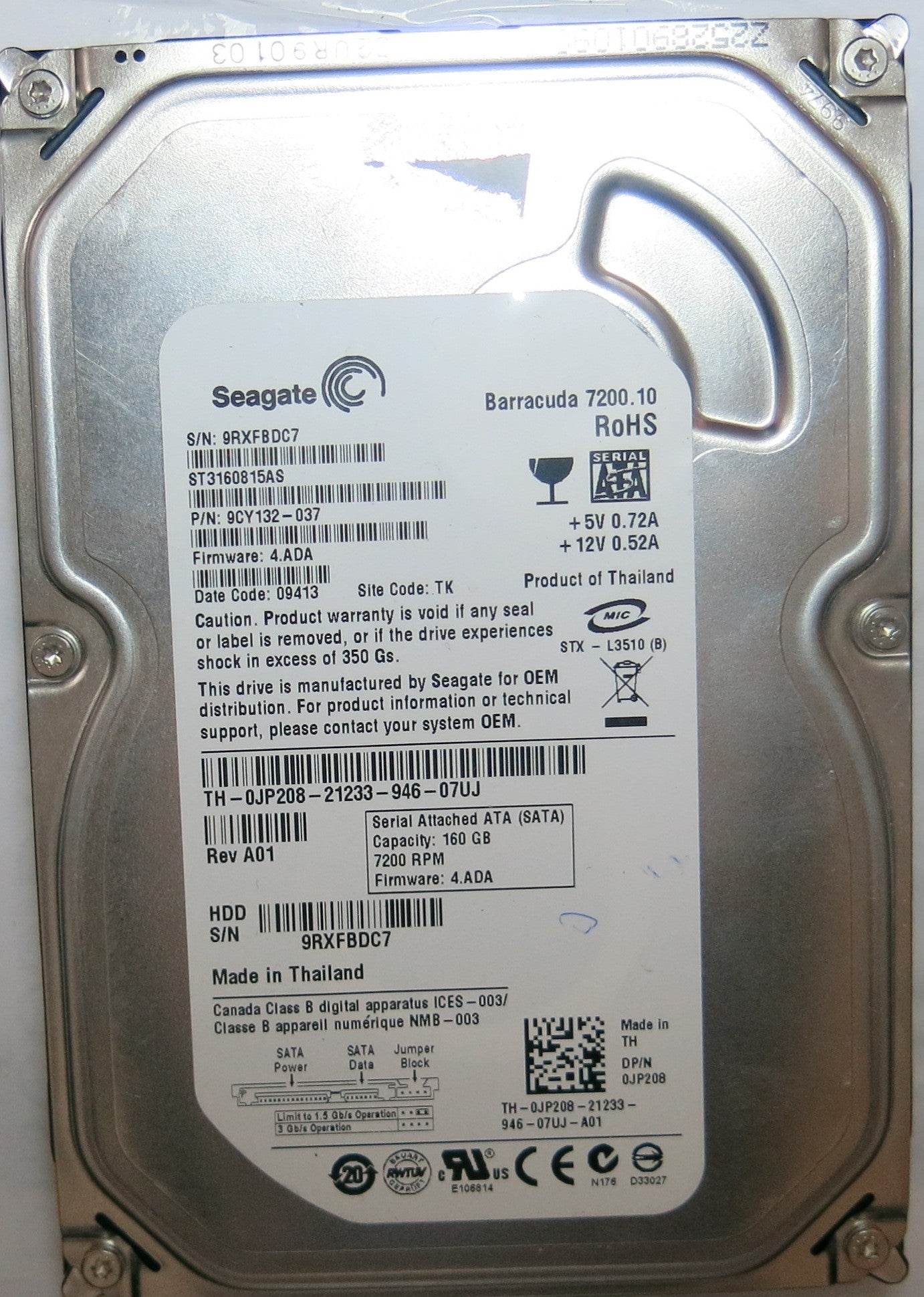 ST3160815AS    PCB: 100470387  SERIAL 9RXFBDC7 PN 9CY132'037  FW 4.ADA  160,GB