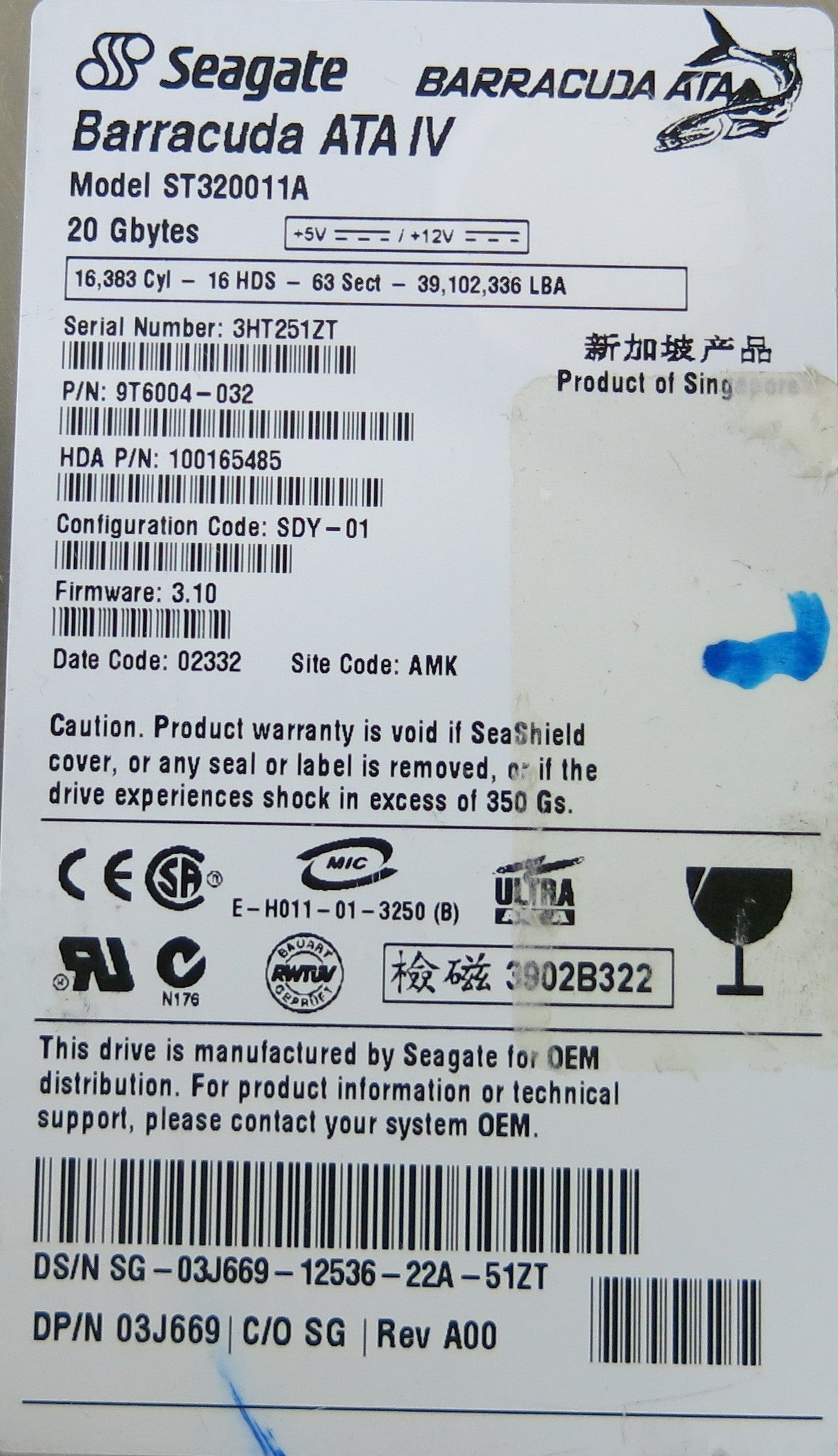 SEAGATE ST320011A P/N 9T6004-032 FW 3.10 100151017 REV A PCB