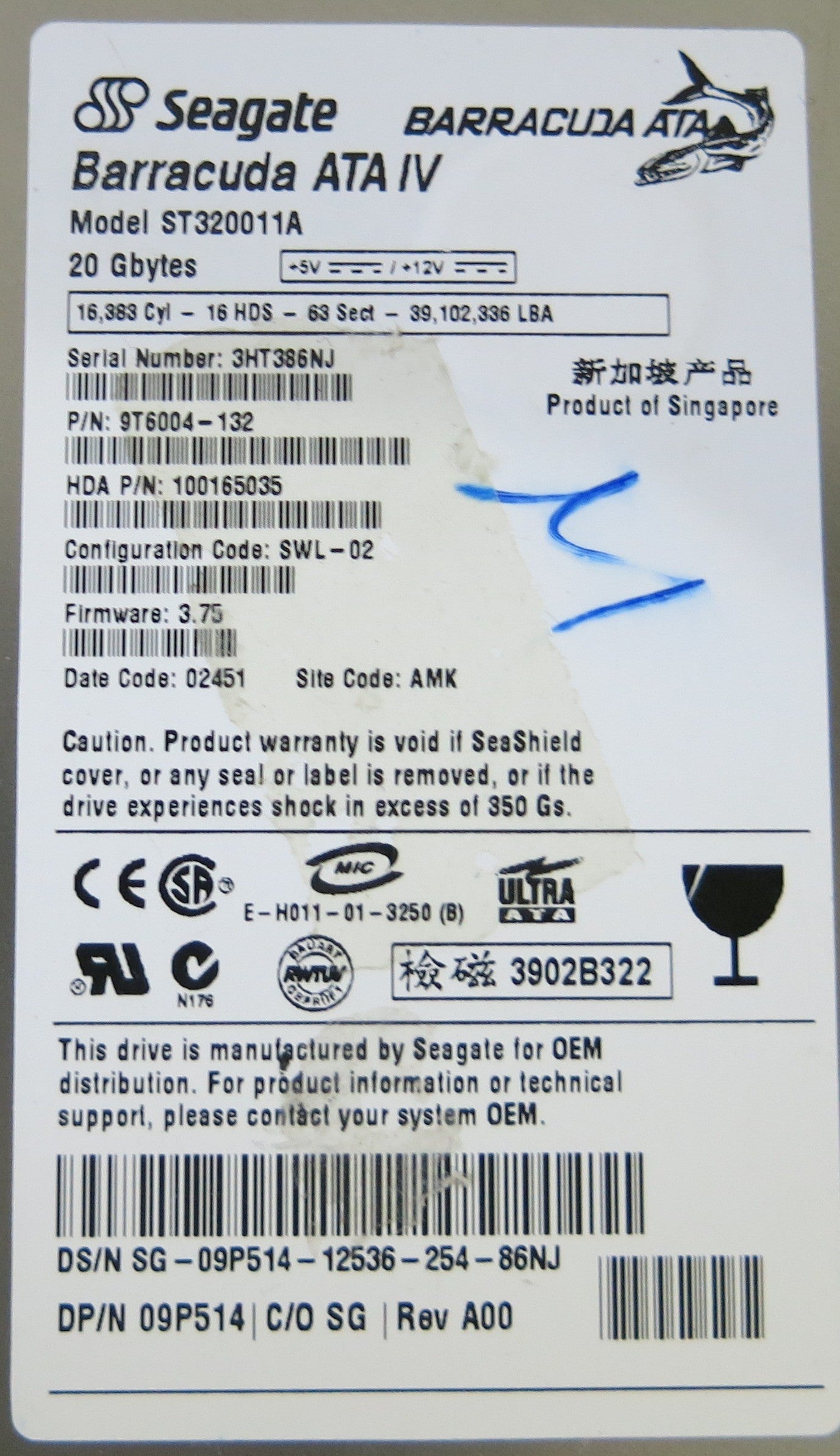 SEAGATE ST320011A P/N 9T6004-132 FW 3.75 100192507 REV A PCB