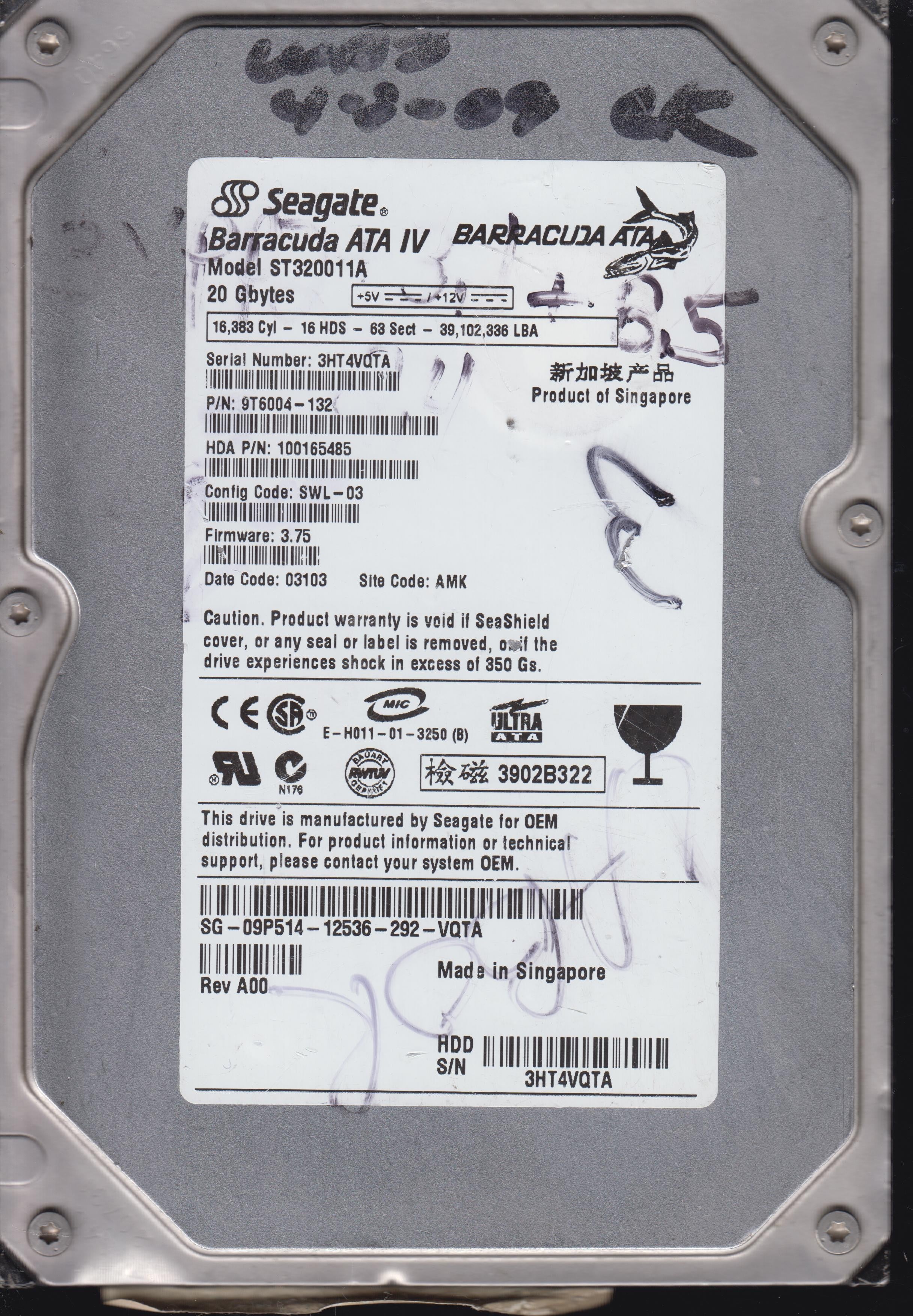 ST320011A,Serial:3HT4VQTA,20GB 3.5