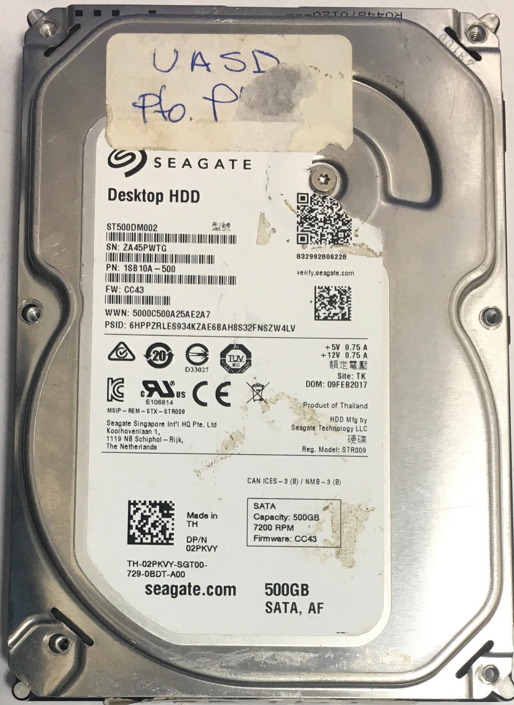 ST500DM002,  Serial:ZA45PWTG,  500GB 3.5,  PCB:100774000- REV C