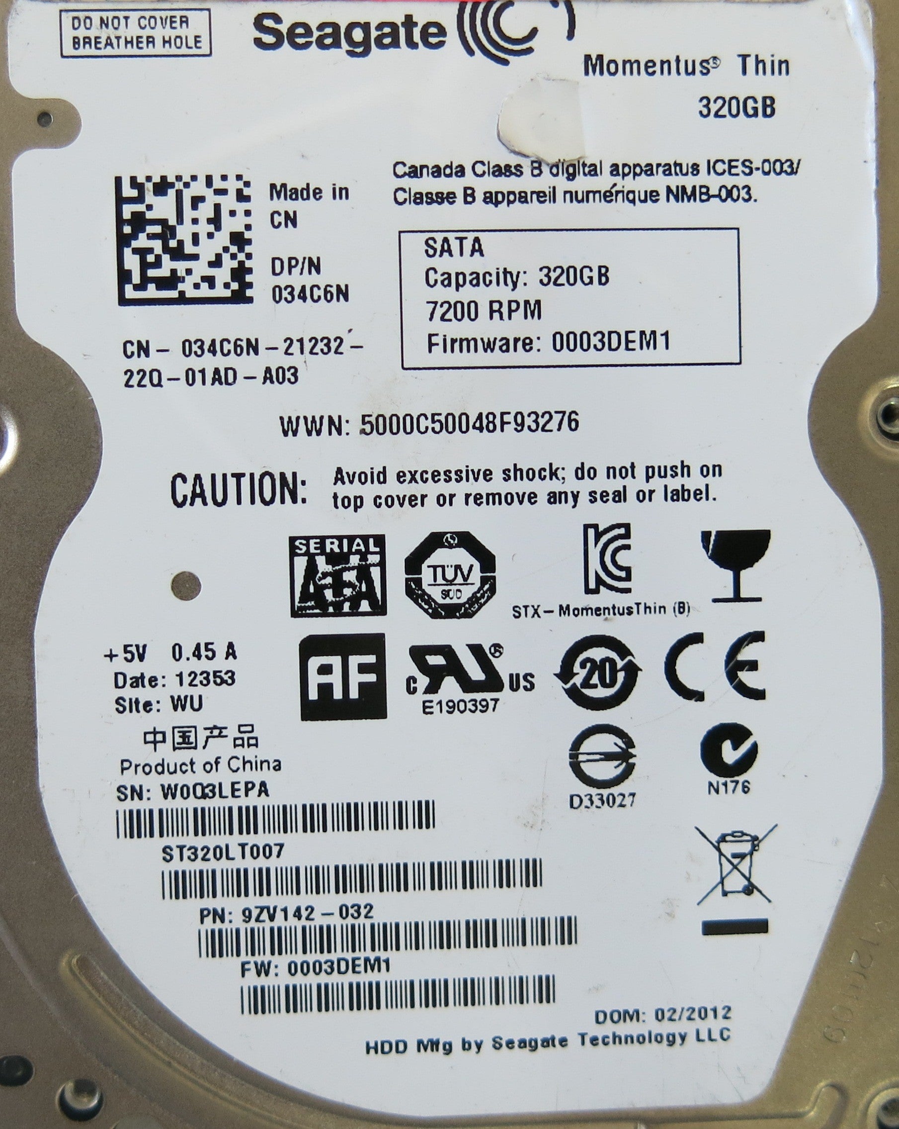SEAGATE ST320LT007 P/N 9ZV142-032 PCB 100654403 REV B FW 0003DEM1