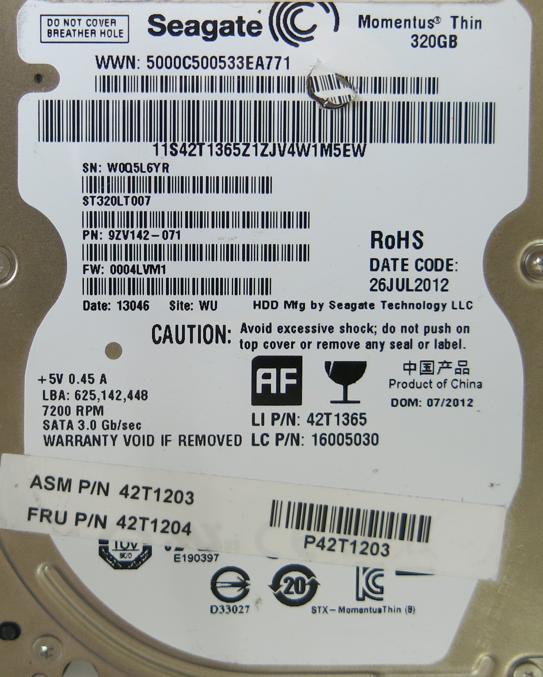 SEAGATE ST320LT007 P/N 9ZV142-071 PCB 100611631 REV A FW 0004LVM1