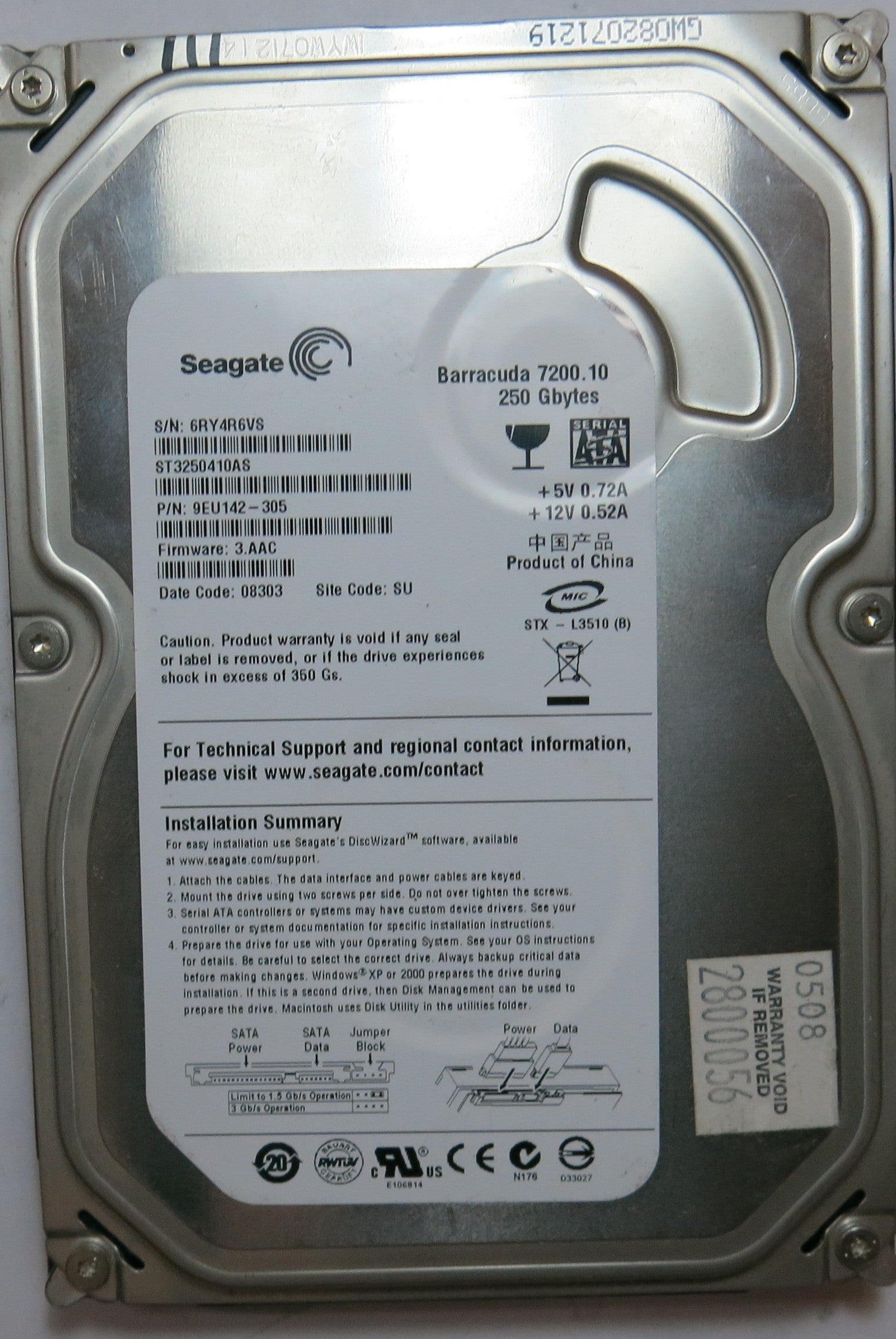 ST3250410AS  PCB: 100468303 REV A SERIAL NUMBER: 6RY4R6VS PN 9EU142'305FW FW 3.AAC  250 GB