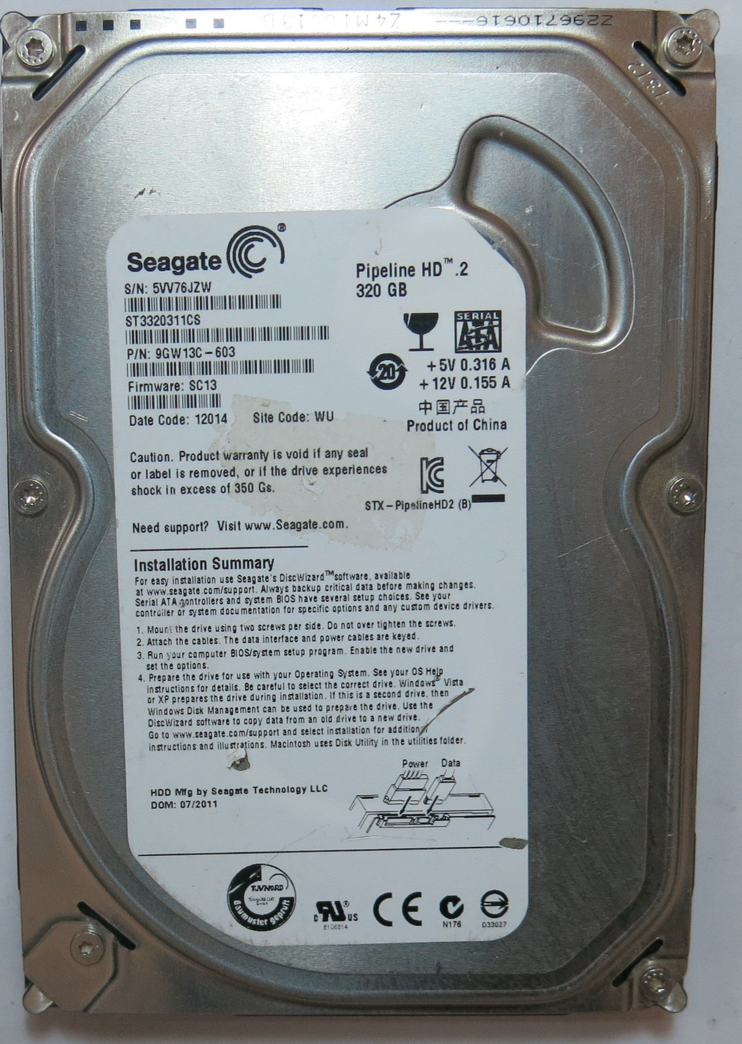 ST3320311CS,  Serial:5VV76JZW,  320GB 3.5,  PCB:100535704- REV C