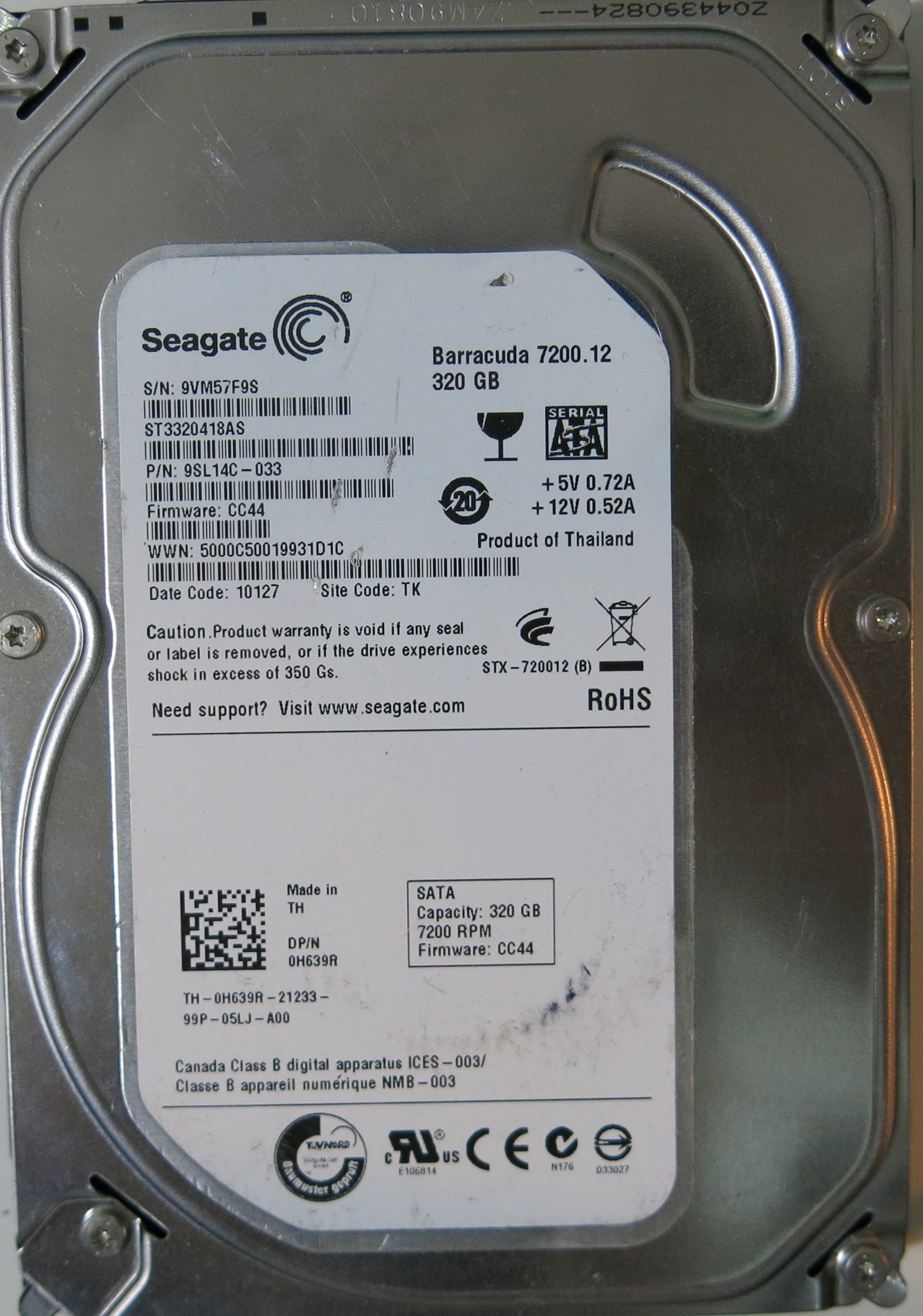 ST3320418AS PCB: 100535704 REV B SERIAL NUMBER: 9VM57F9S FW:CC44 PN:9SL14C-033 320GB