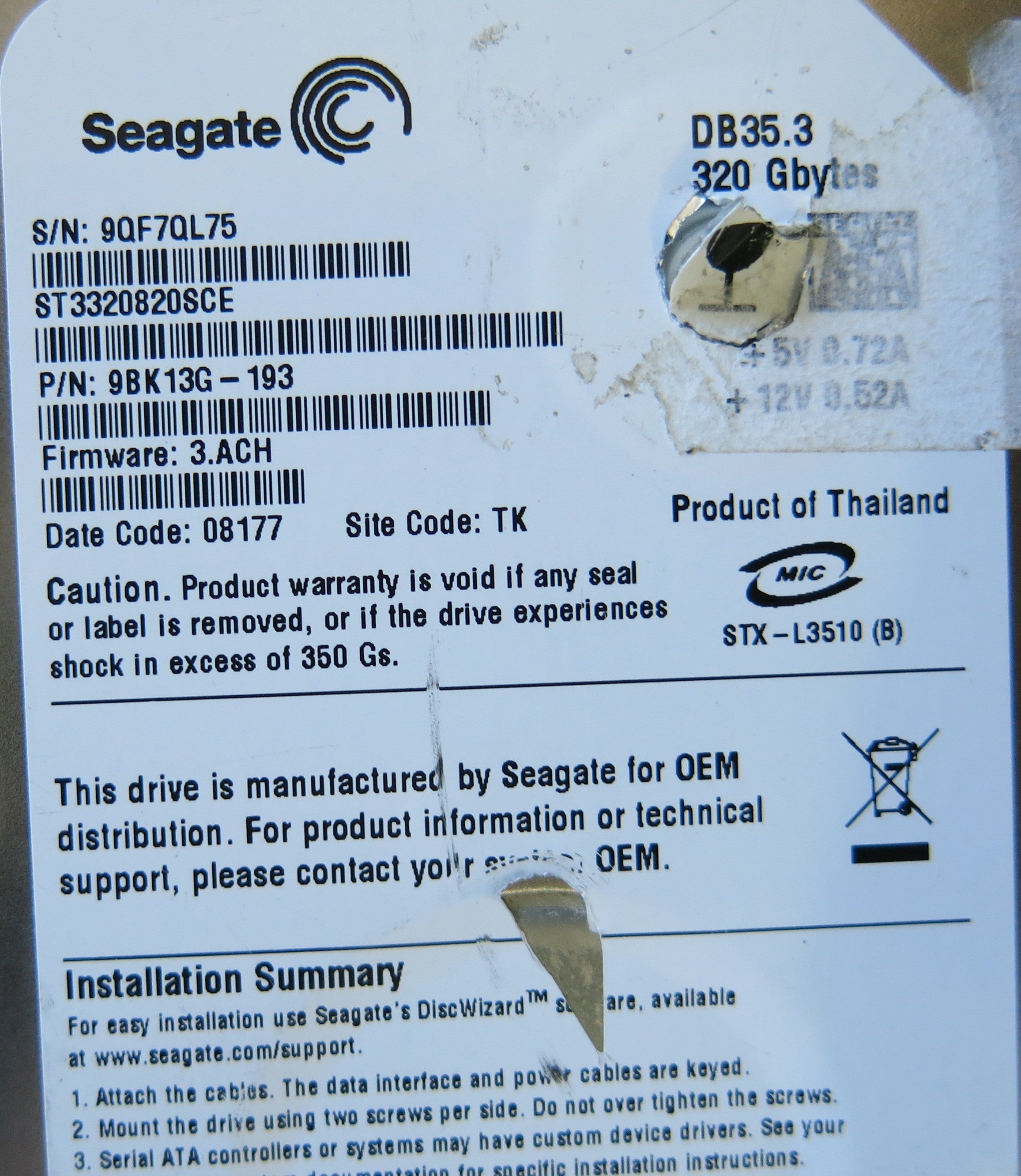 SEAGATE ST3320820SCE 100406937 REV B PCB