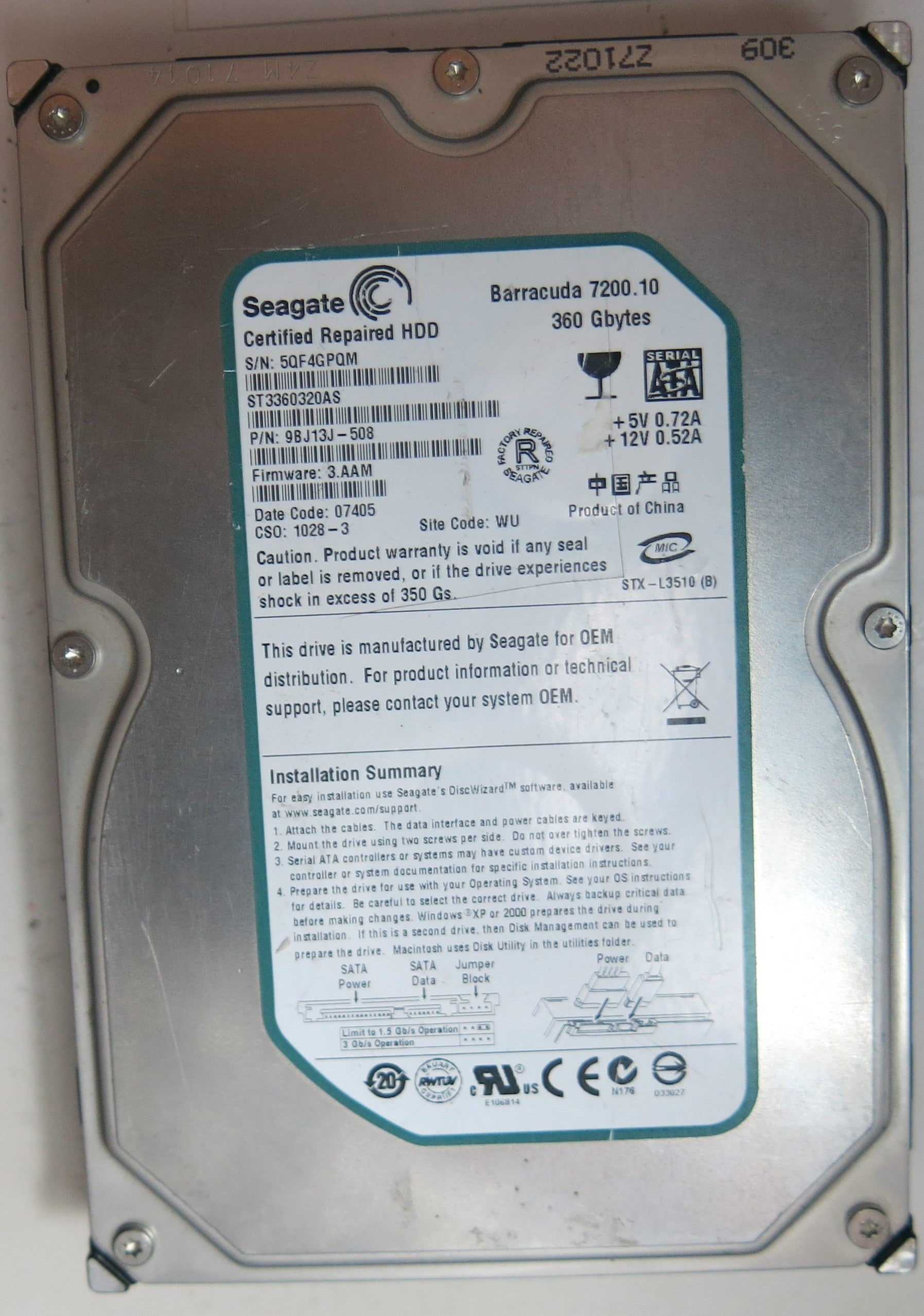 ST3360320AS,  P/N:9BJ13J-508,  FW:3.AAM,  Serial:5QF4GPQM,  360GB 3.5