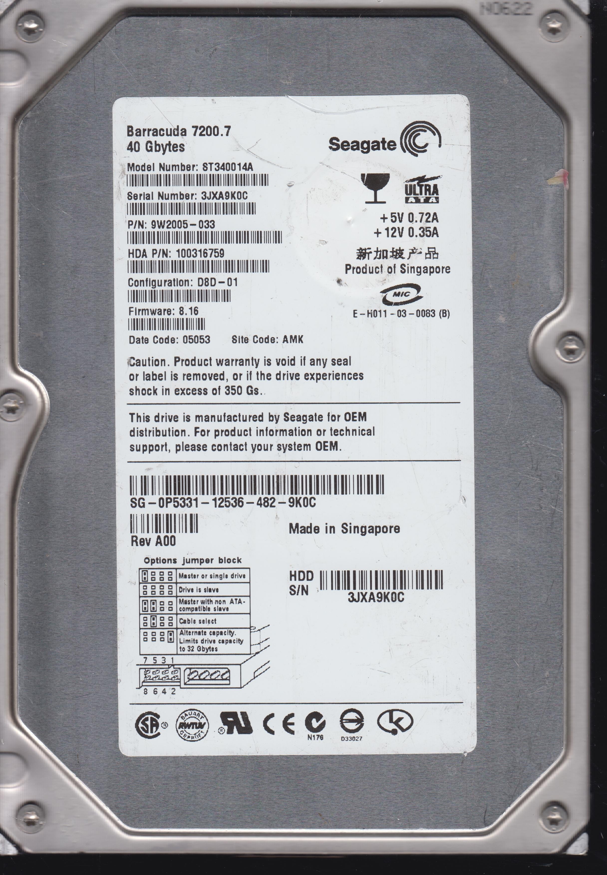ST340014A,Serial:3JXA9K0C,PCB:100291893 REV A,40GB 3.5