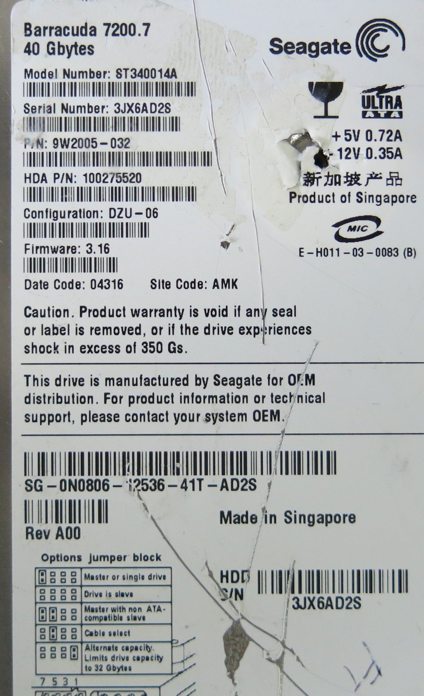 SEAGATE ST340014A P/N 9W2005-032 FW 3.16 100291893 REV A PCB