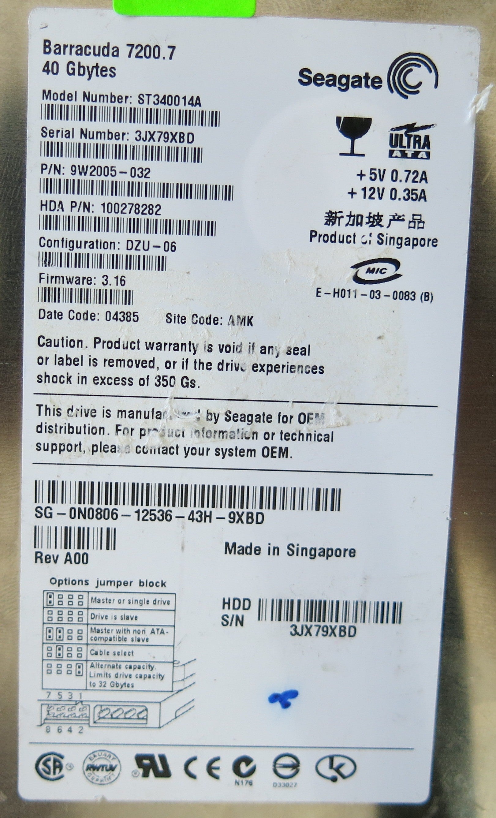 SEAGATE ST340014A P/N 9W2005-032 FW 3.16 100306042 REV A PCB