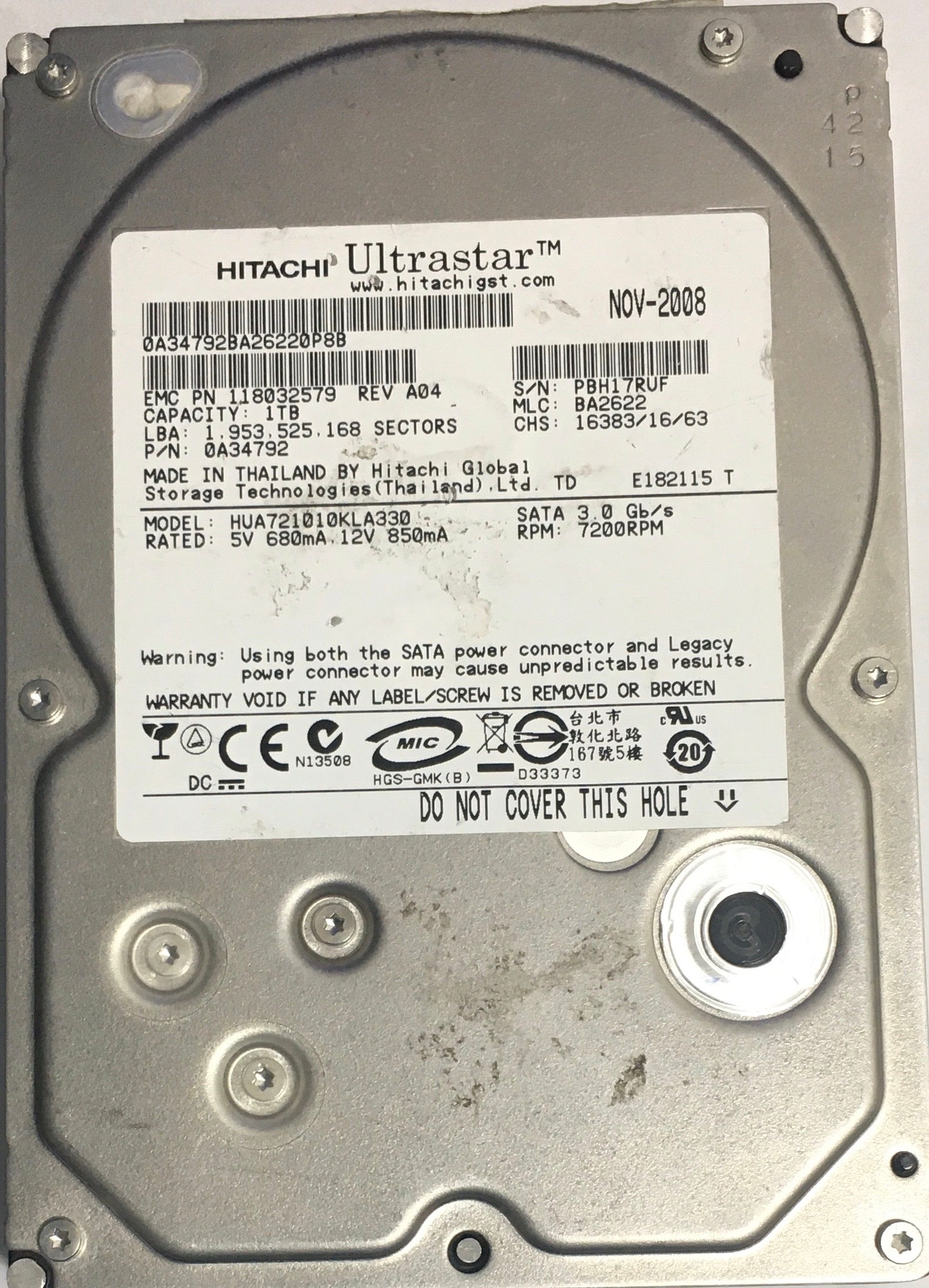 HUA721010KLA330,  P/N:0A34792,  MLC:BA2622,  Serial:PBH17RUF,  1000GB 3.5,  PCB :110 0A29636 01- REV A
