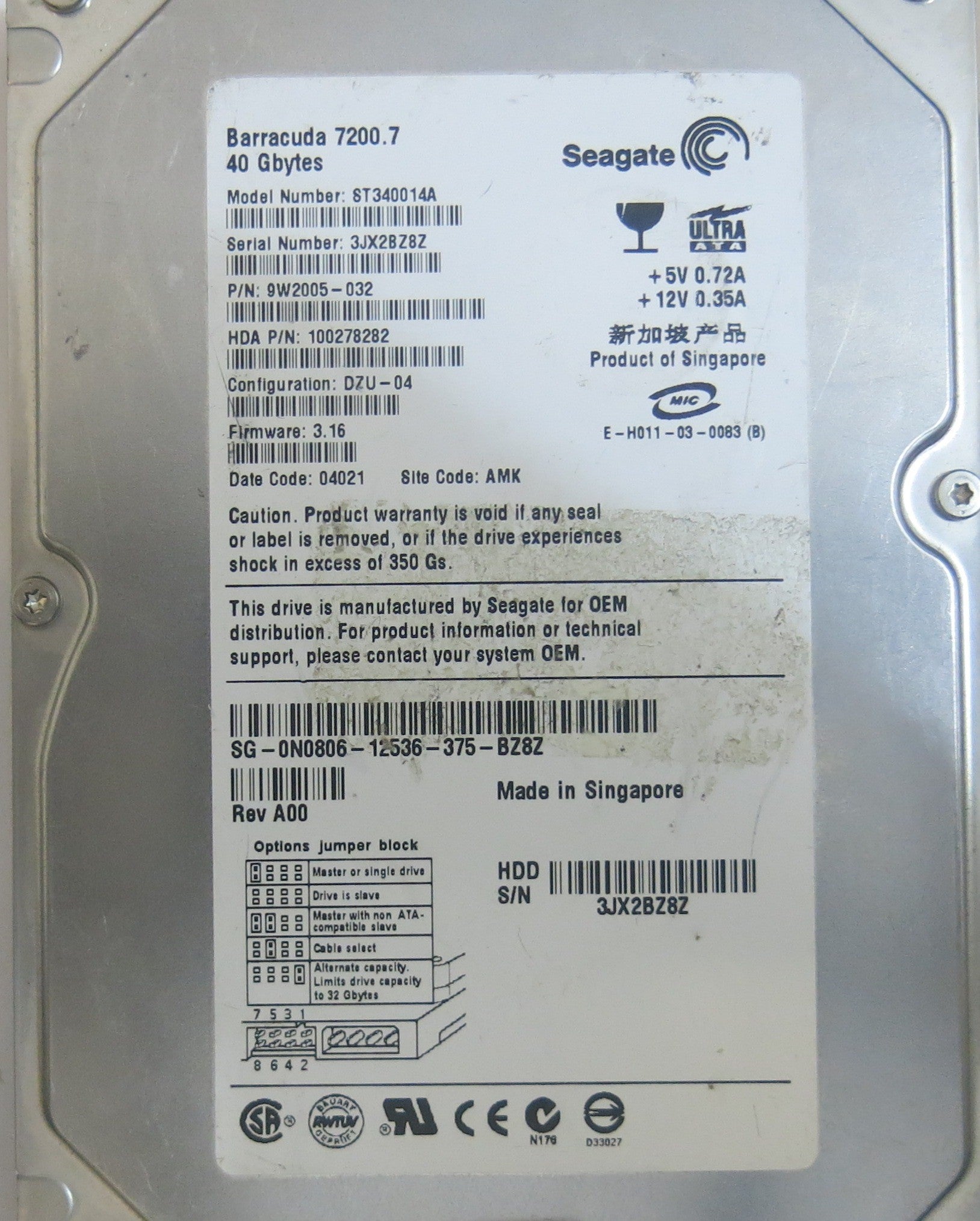 SEAGATE ST340014A P/N 9W2005-032 PCB 100277699 REV A FW 3.16 CODE:4020