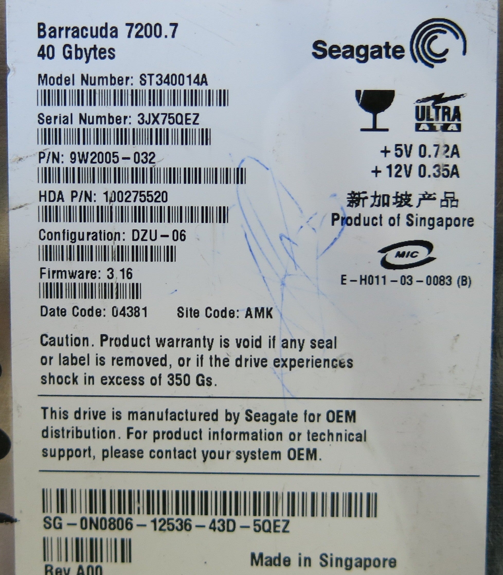 SEAGATE ST340014A P/N 9W2005-032 PCB 100306042 REV A