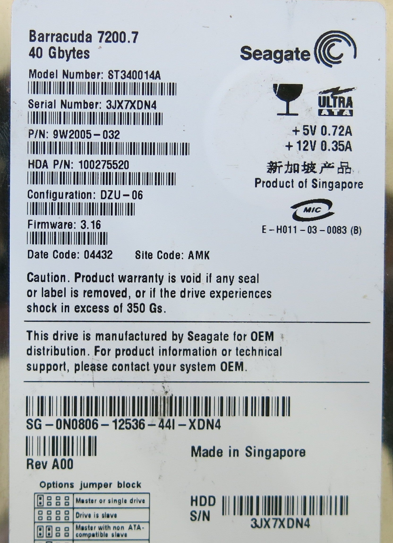 SEAGATE ST340014A P/N 9W2005-032 PCB 100306042 REV A