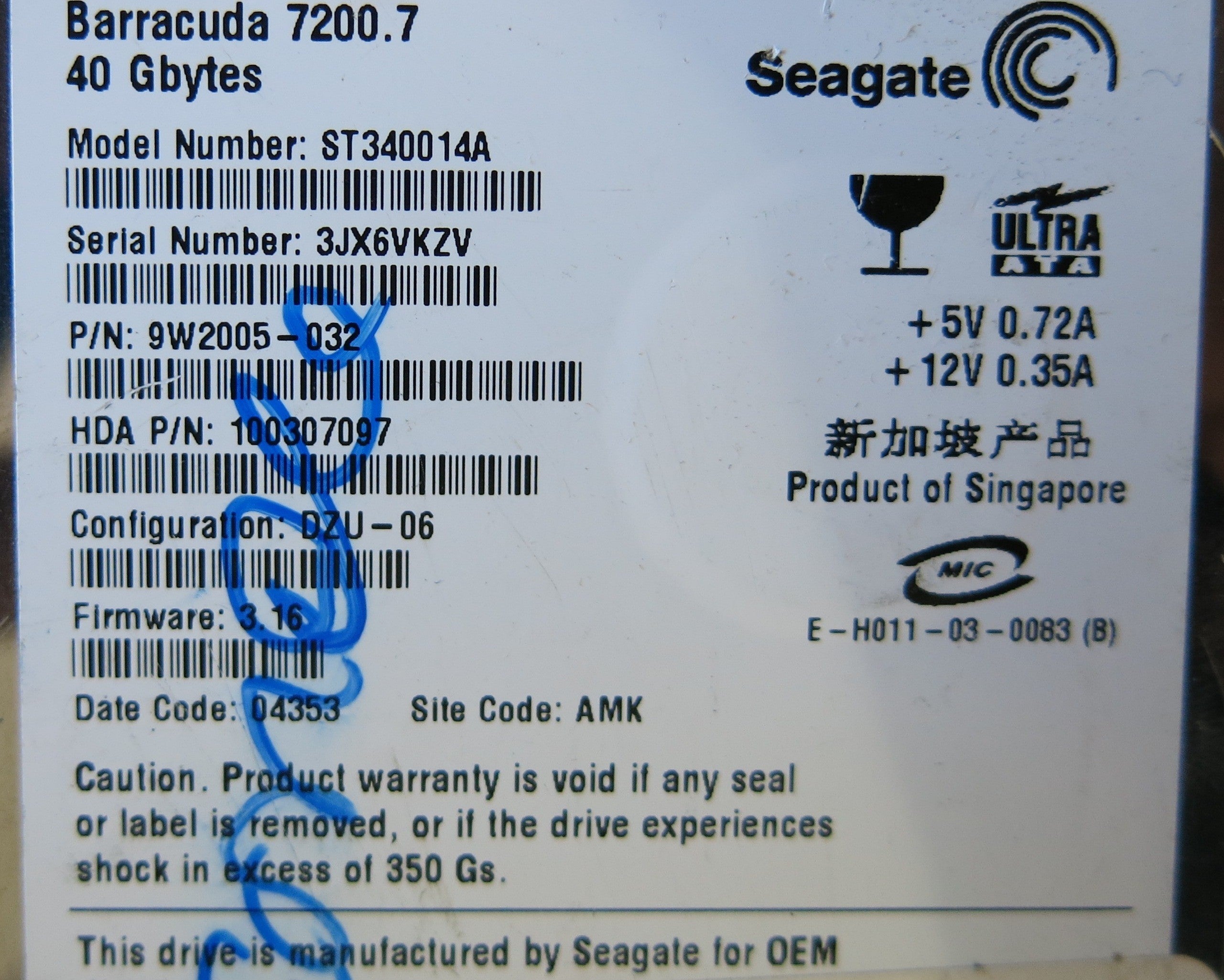 SEAGATE ST340014A P/N 9W2005-032 PCB 100306042 REV A