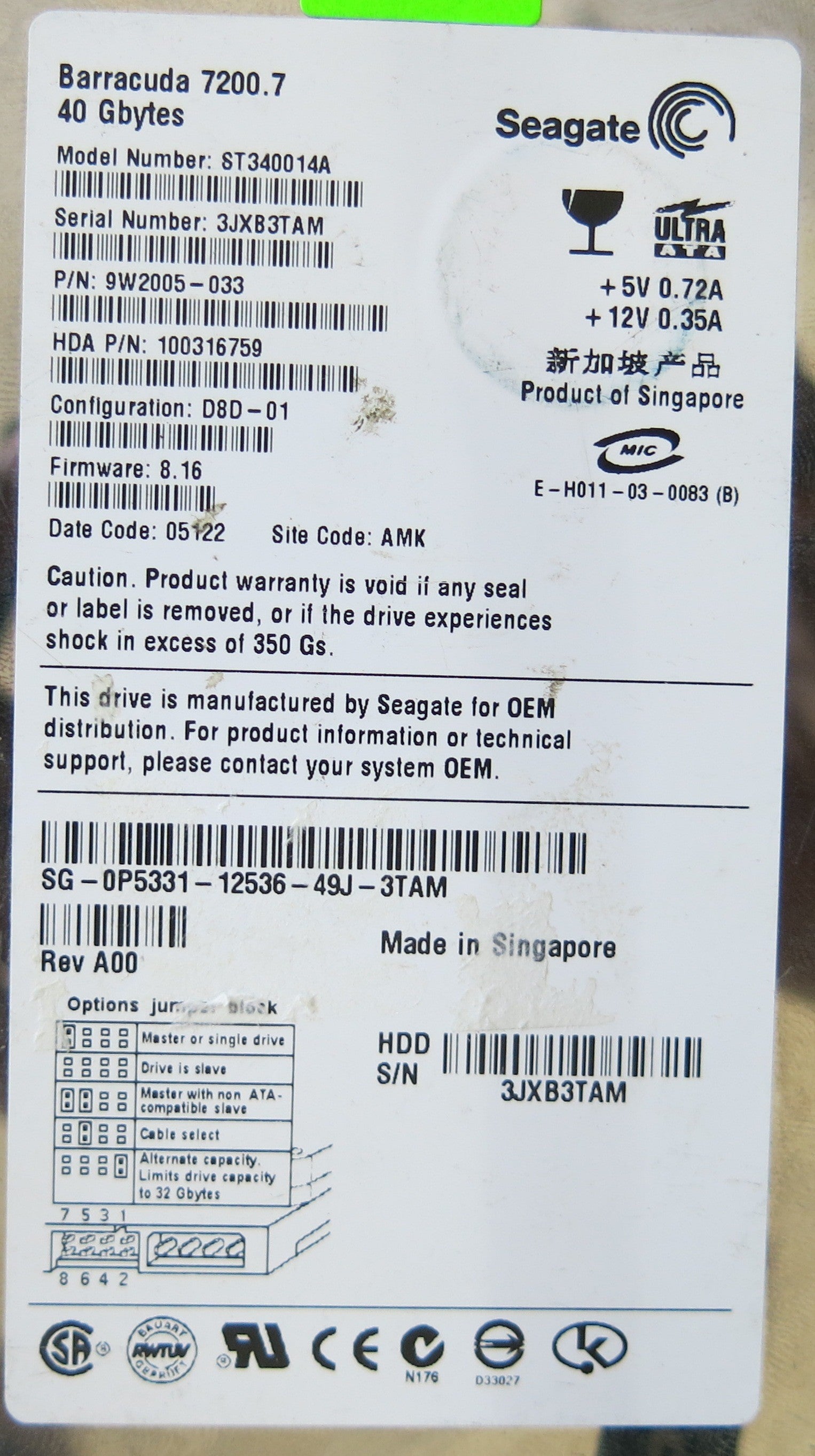 SEAGATE ST340014A P/N 9W2005-033 FW 8.16 100291093 REV A PCB