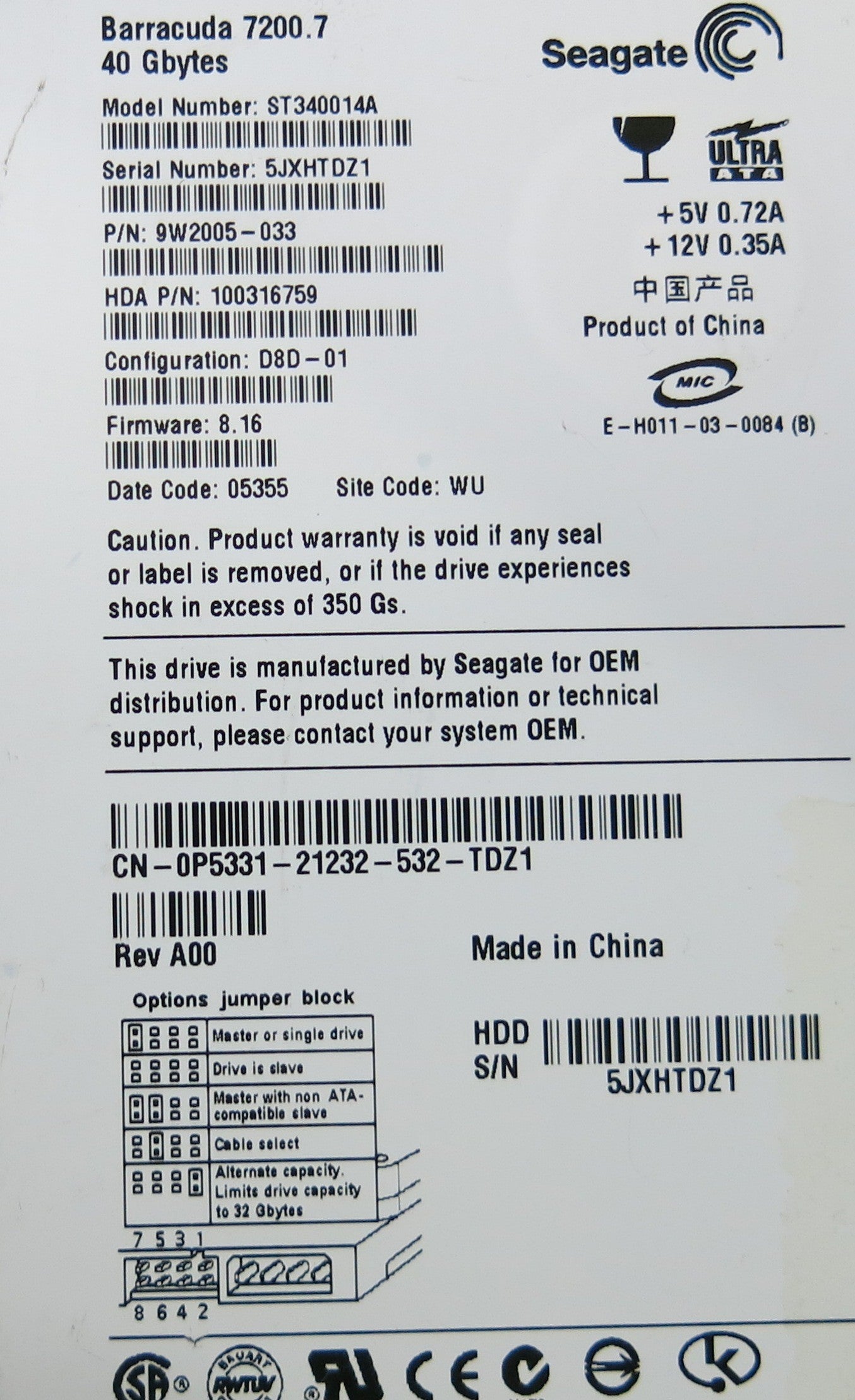 SEAGATE ST340014A P/N 9W2005-033 FW 8.16 100291893 REV A PCB