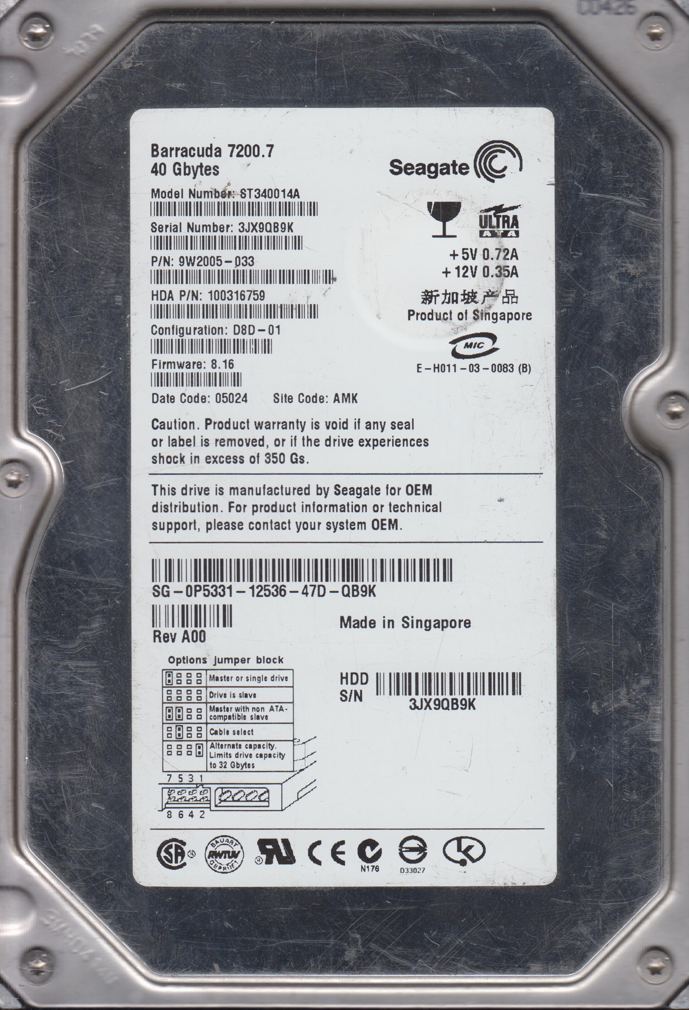 ST340014A, P/N 9W2005-033 FW 8.16 40GB 3.5