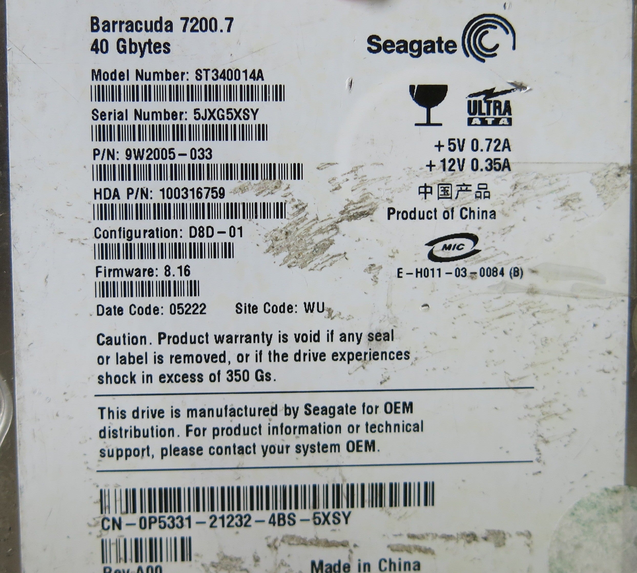 SEAGATE ST340014A P/N 9W2005-033 PCB 100291893 REV A  SN 5JXG5XSY