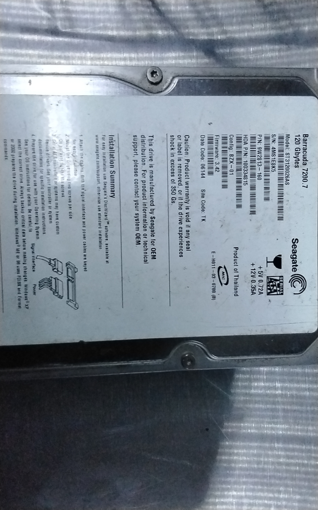 ST3120026AS, PCB: 100336321 REV B Serial Number:  4MS1E8K5, P/N :9W2813-160, FW : 3.42
