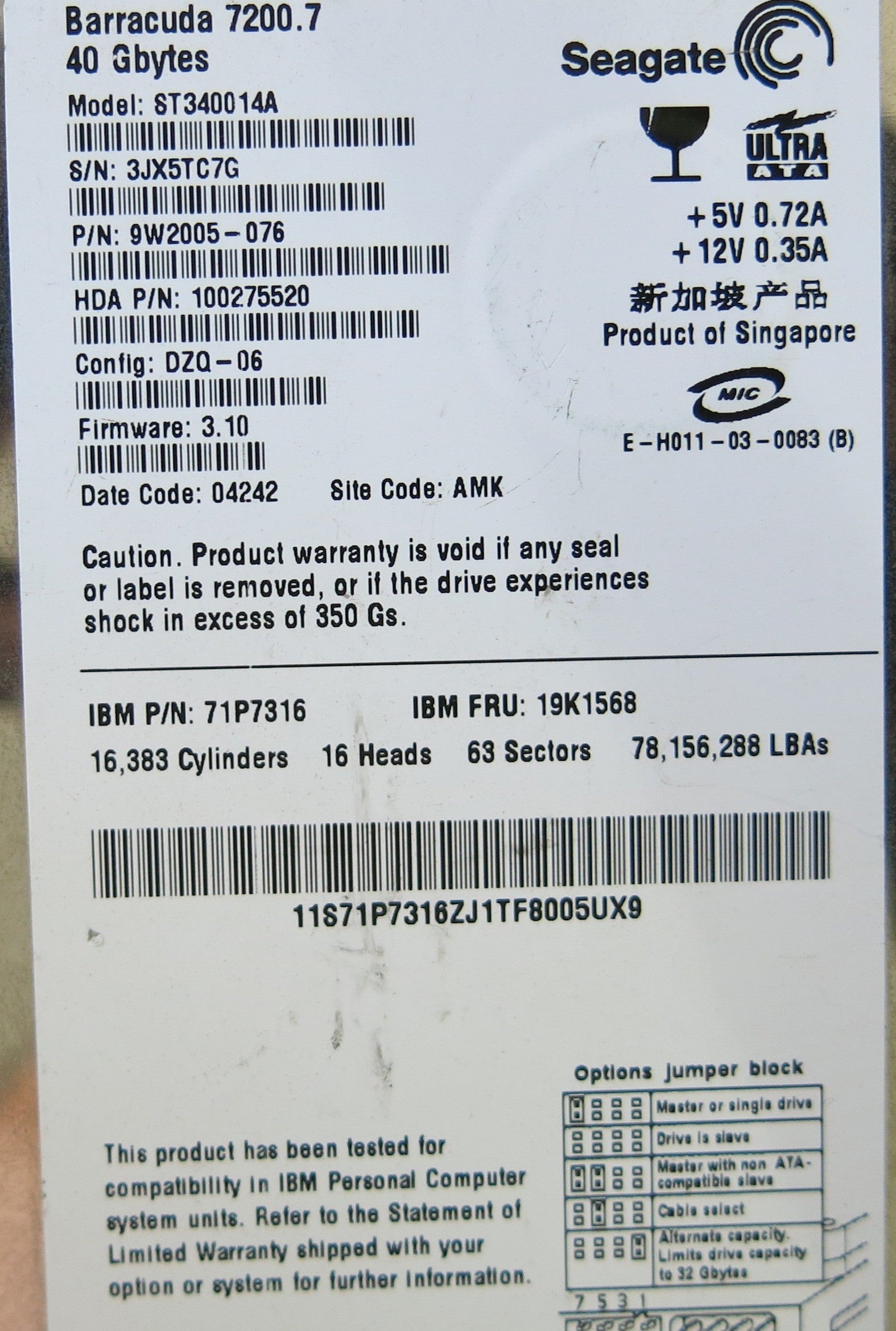 SEAGATE  ST340014A  P/N 9W2005-076 PCB 100291893 REV A