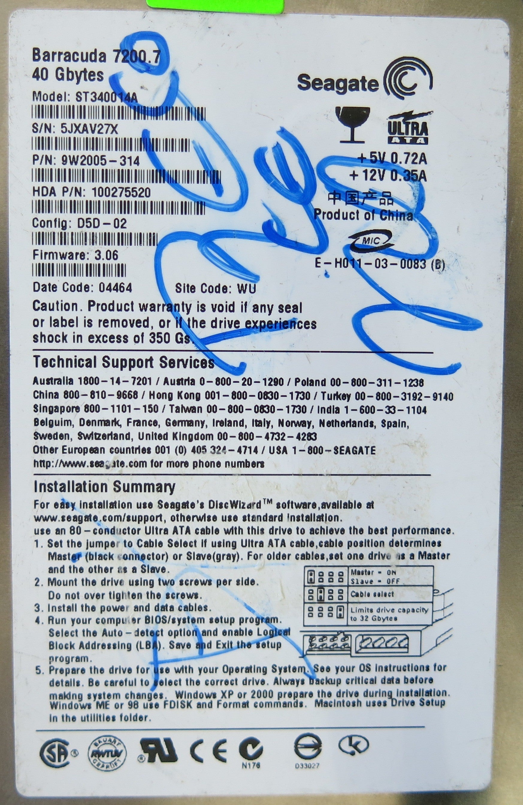 SEAGATE ST340014A P/N 9W2005-314 FW 3.06 100306042 REV A PCB