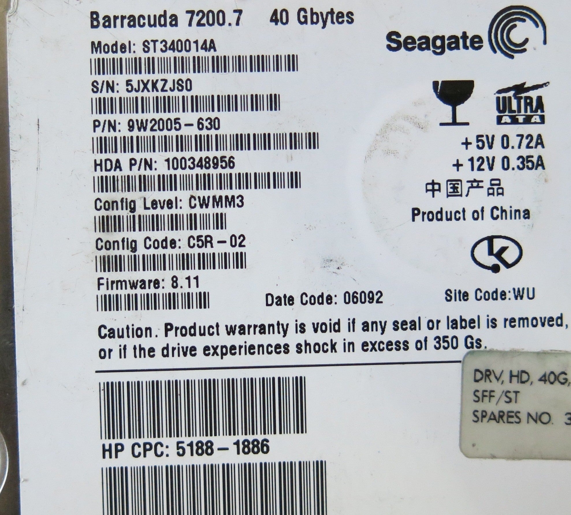 SEAGATE ST340014A P/N 9W2005-630 PCB 100306042 REV A SN 5JXKZJS0