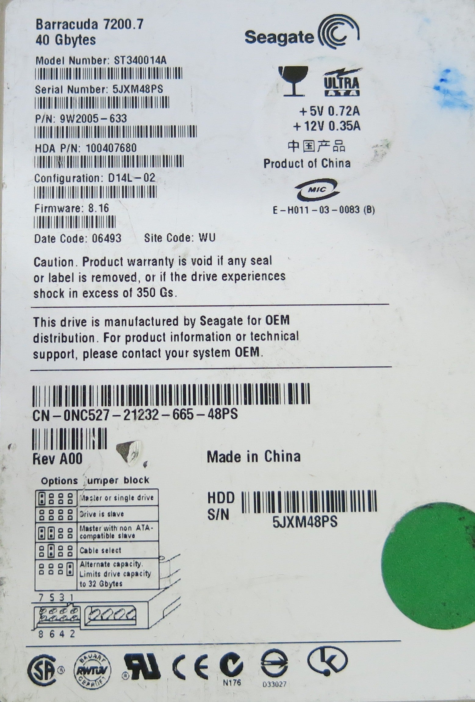 SEAGATE ST340014A P/N 9W2005-633 FW 8.16 100306042 REV A PCB