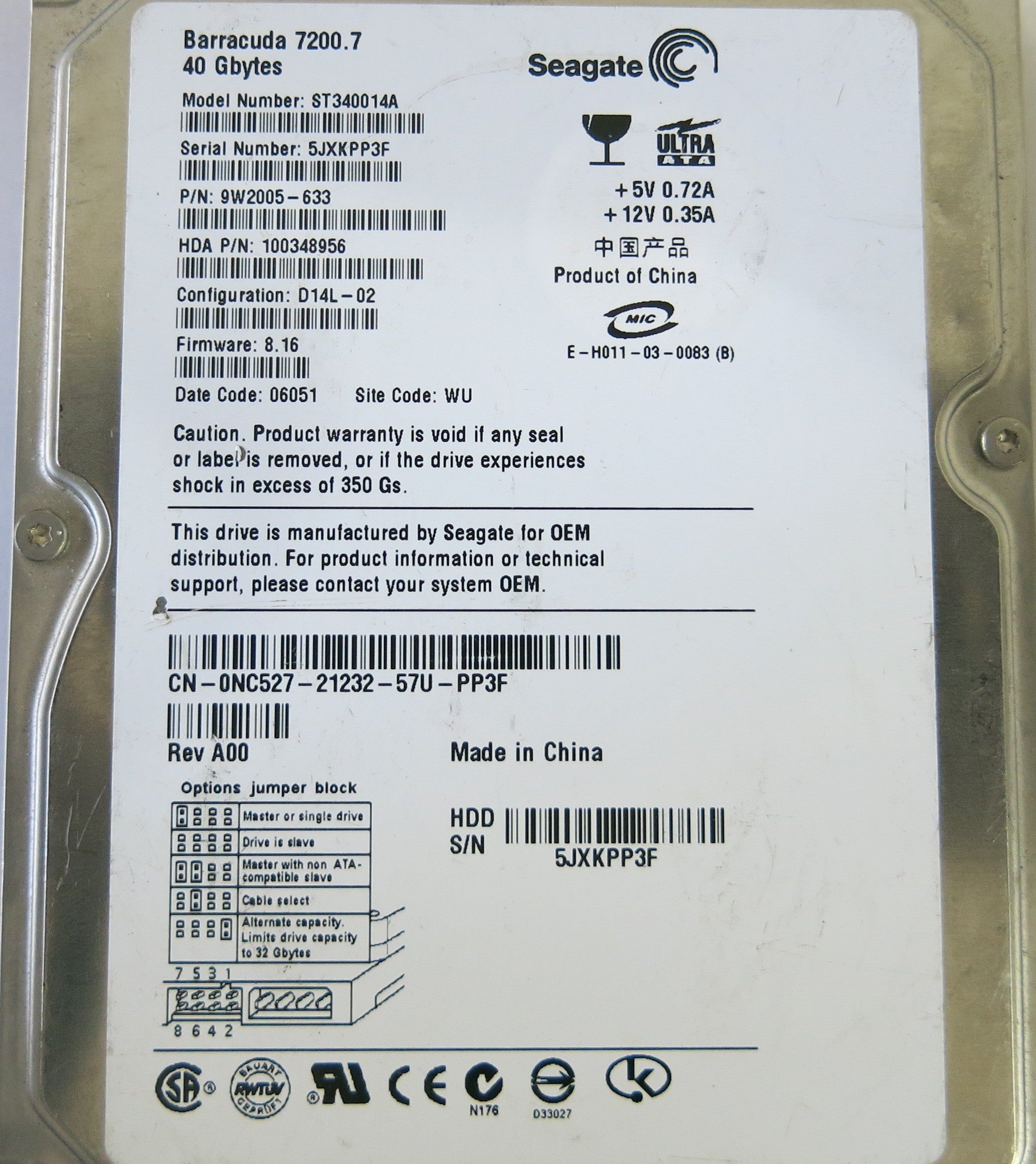 SEAGATE ST340014A P/N 9W2005-633 FW 8.16 100306042 REV A PCB