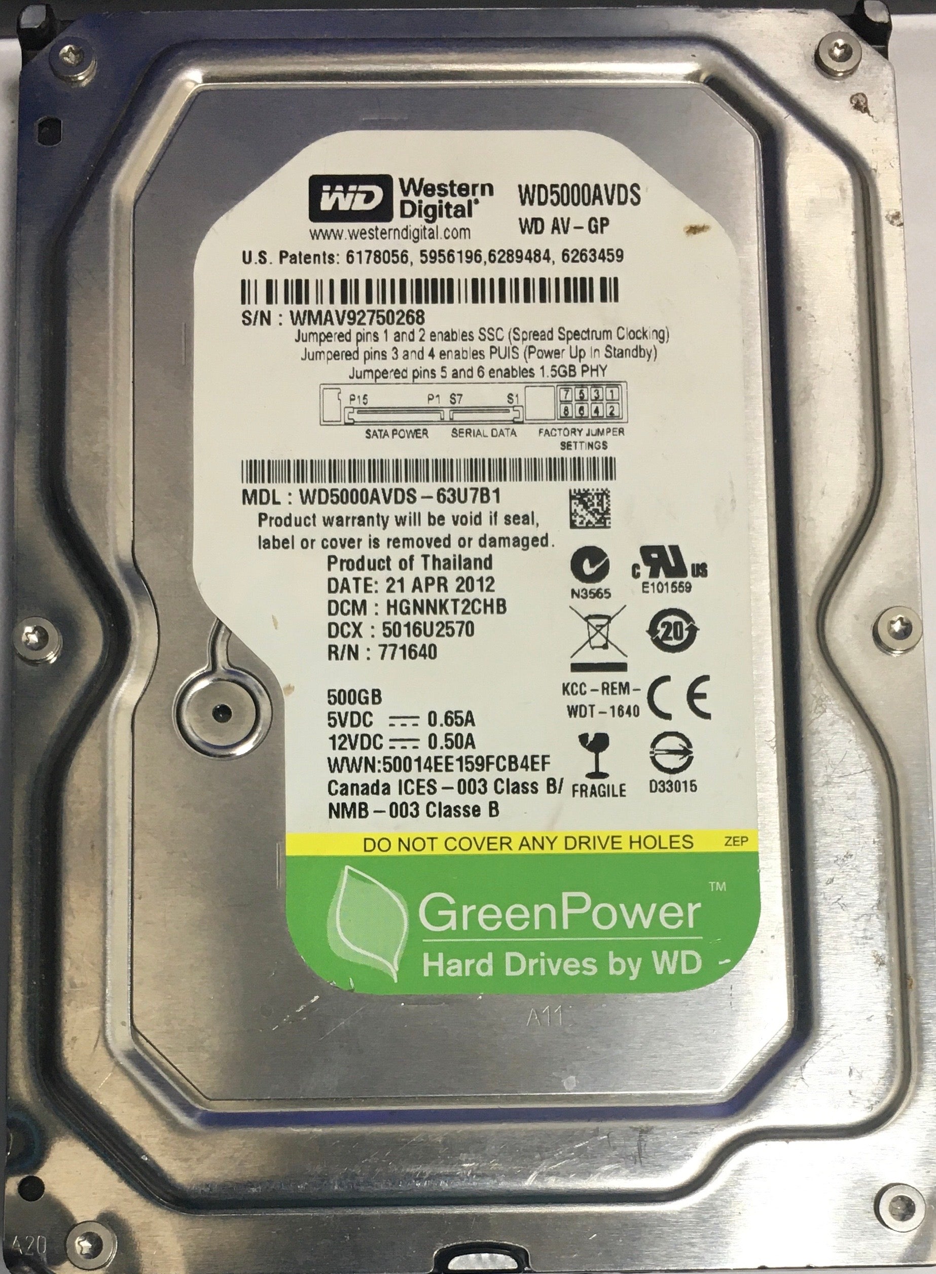 WD5000ABDS'63U7B1, Serial:WMAV92750268,  500GB 3.5,  PCB:2060-771640-003- REV A