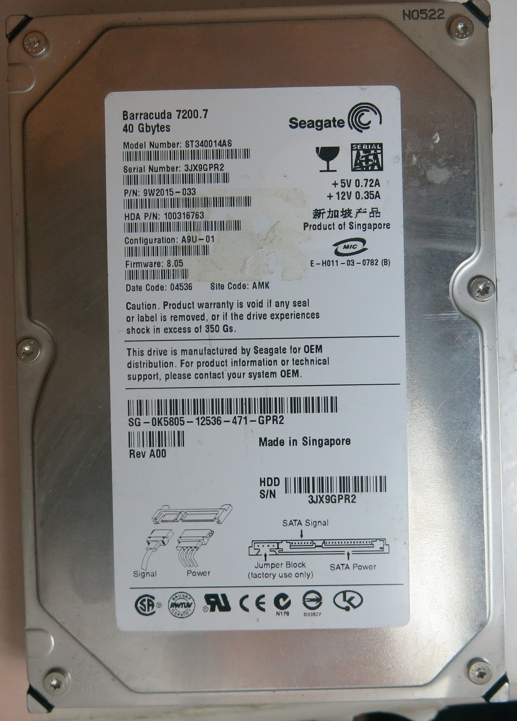 ST340014AS PCB: 100306336 REV A SERIAL NUMBER: 3JX9GPR2 PN 9W2015-033 FW 8.05 40 GB