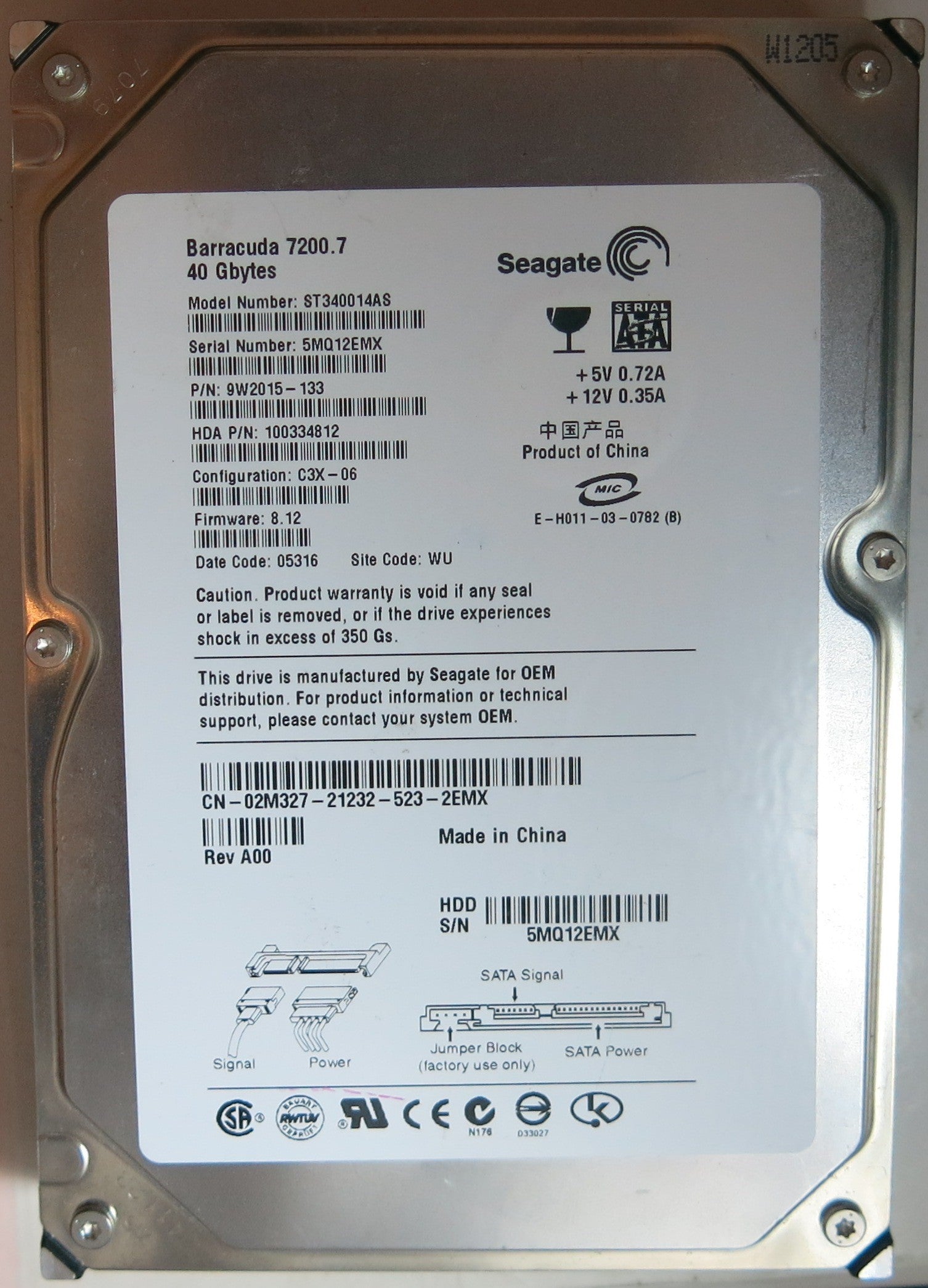ST340014AS,  P/N:9W2015-133,  FW:8.12,  Serial:,  40GB 3.5,  PCB:100331803- REV A