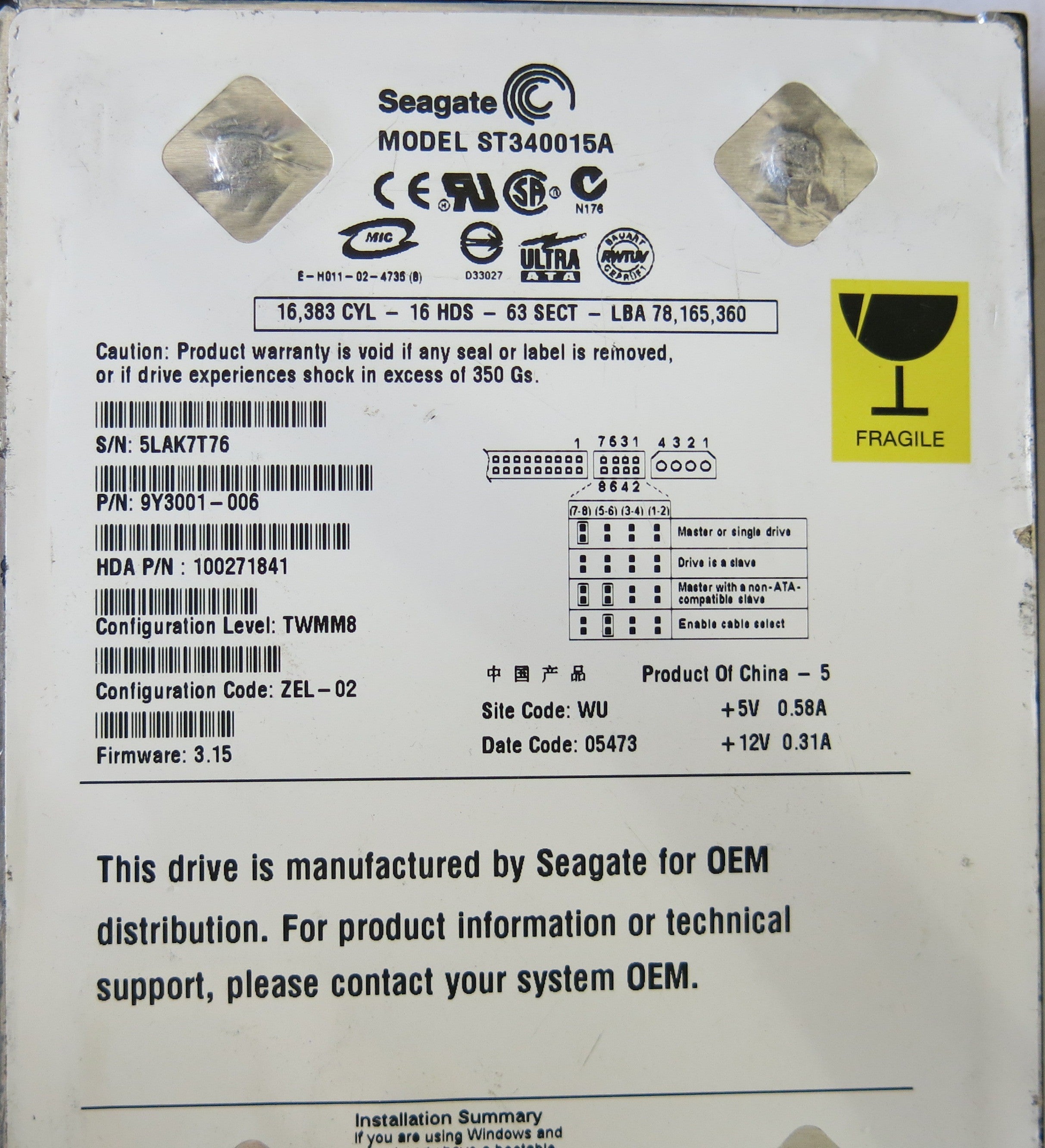 SEAGATE ST340015A 100255136 REV D PCB