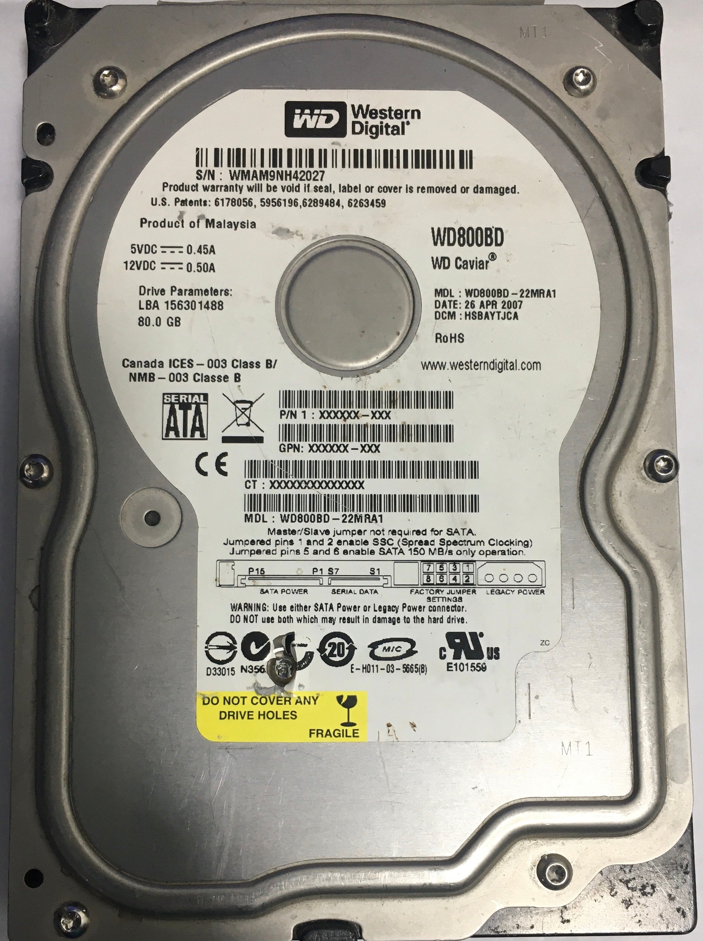 WD800BD-22MRA1 PCB: 2060-701335-005 REV A Serial Number: WMAM9NH42027, P/N 1 XXXXXX-XXX