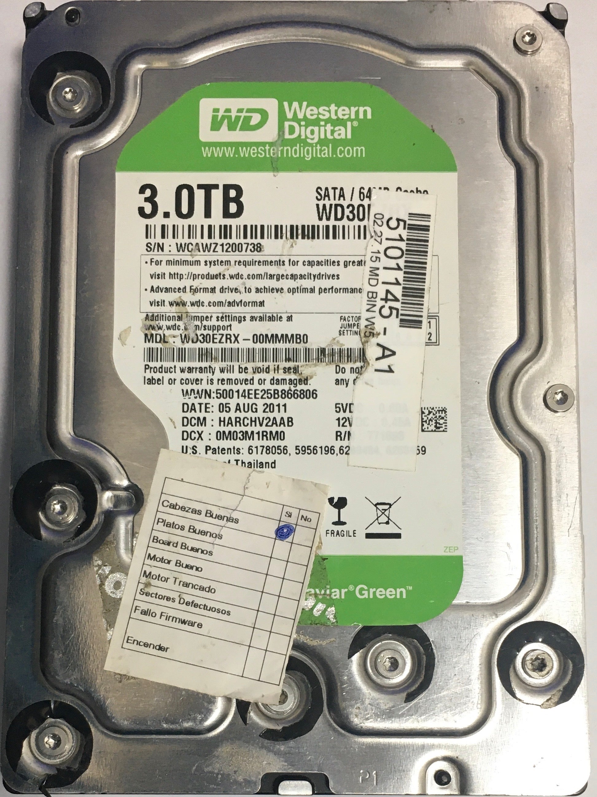 WD30EZRX-00MMMB0 PCB: 2060-771698 REV A   Serial Number: WCAWZ1200738  3.TB. 3.5