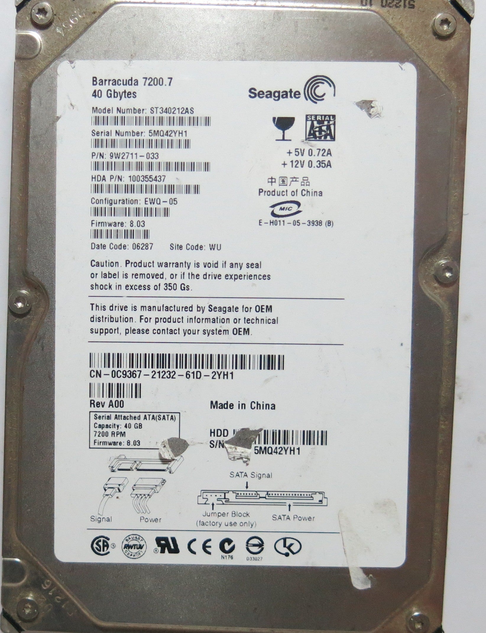 ST340212AS PCB: 100331803 REV B SERIAL: 5MQ42YH1 PN 9W2711'033 FW 8.03 40,GB