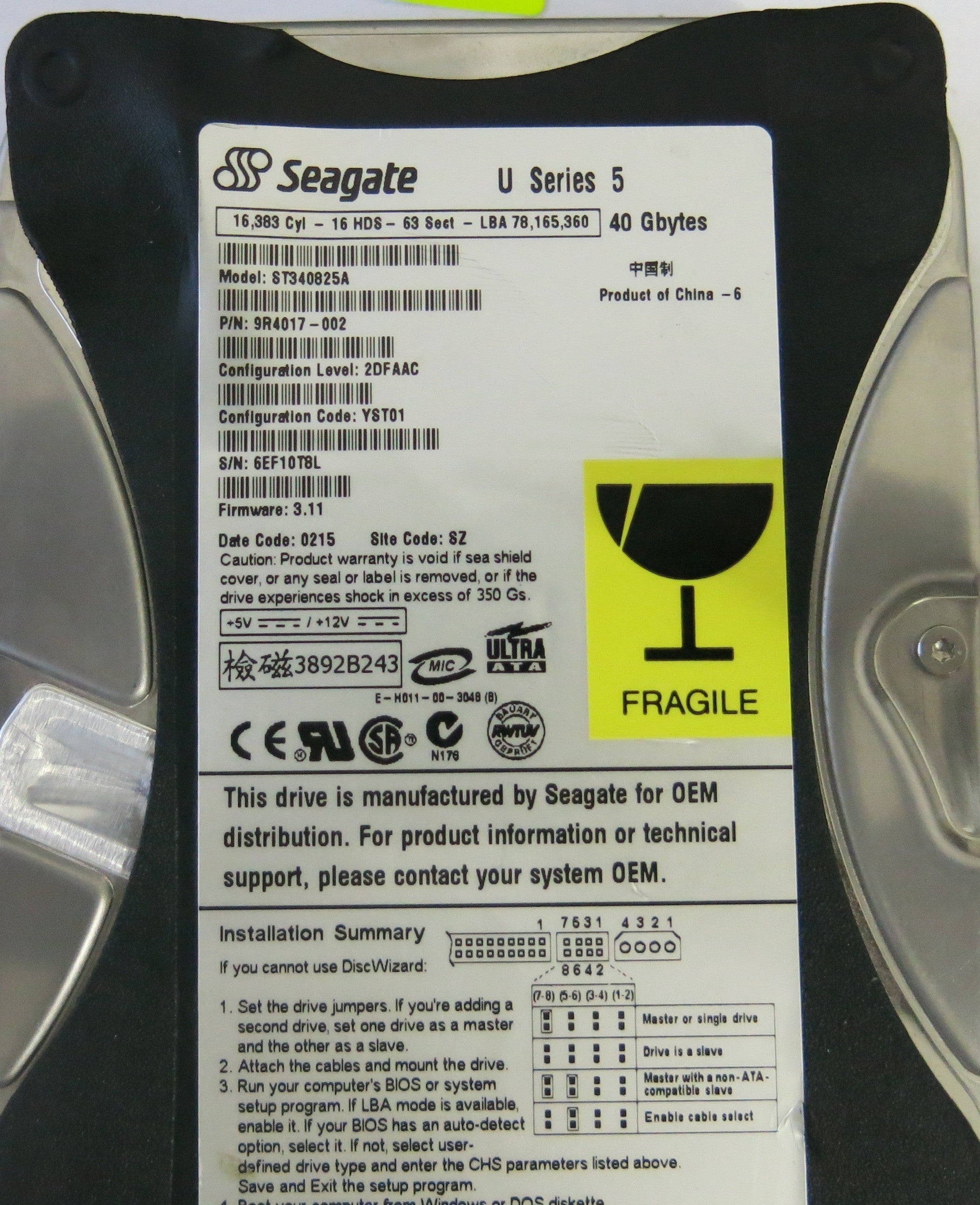 SEAGATE ST340825A P/N 9R4017-002 FW 3.11 100104617 REV A PCB