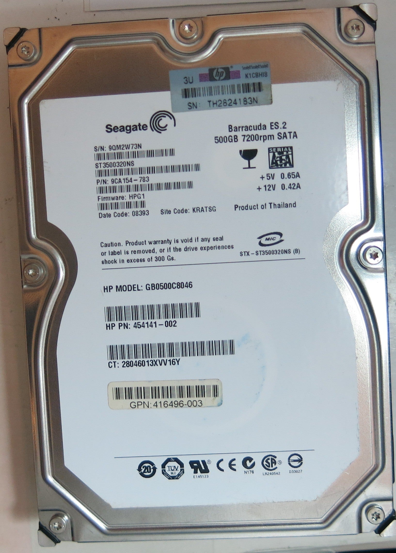 ST3500320NS PCB: 100475720 REV A SERIAL NUMBER: 9QM2W73N PN 9CA154-783 FW HPG1 500 GB