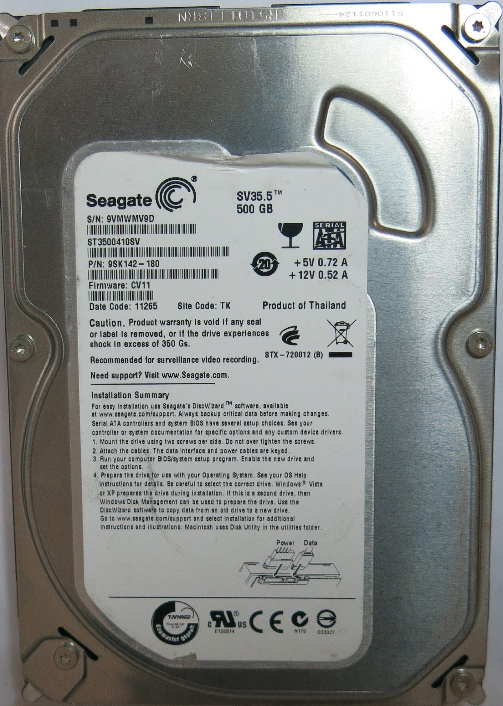 ST3500410SV PCB: 100535704 REV C SERIAL 9VMWMV9D PN 9SK142'180  FW CV11  500,GB