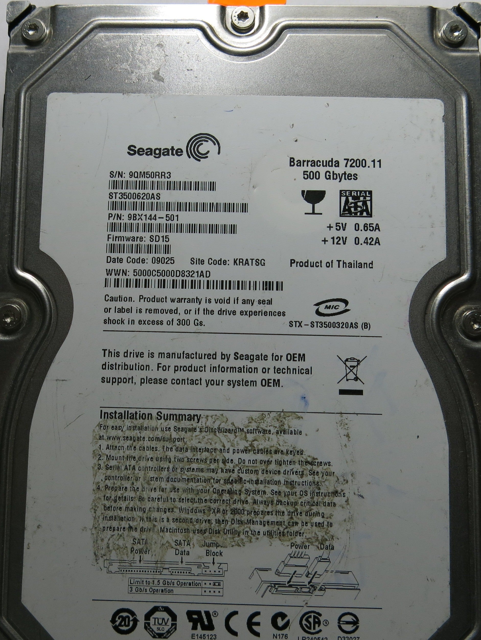SEAGATE ST3500620AS P/N 9BX144-501FW SD15 100466725 PCB