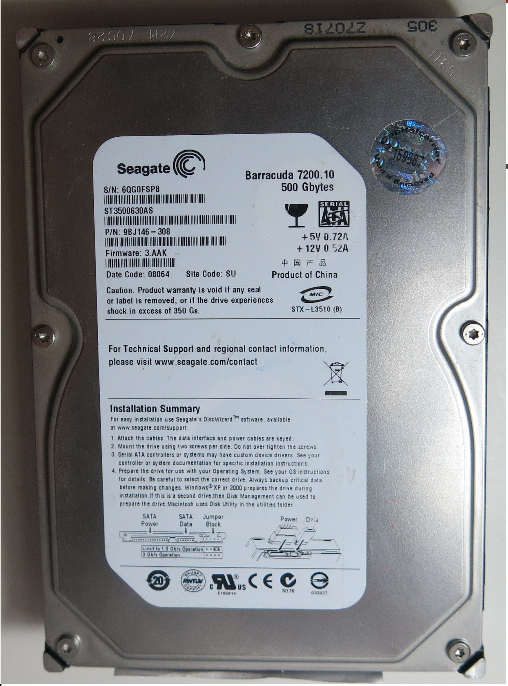 SEAGATE ST3500630AS PN 9BJ146-308FW 3.AAK 500GB