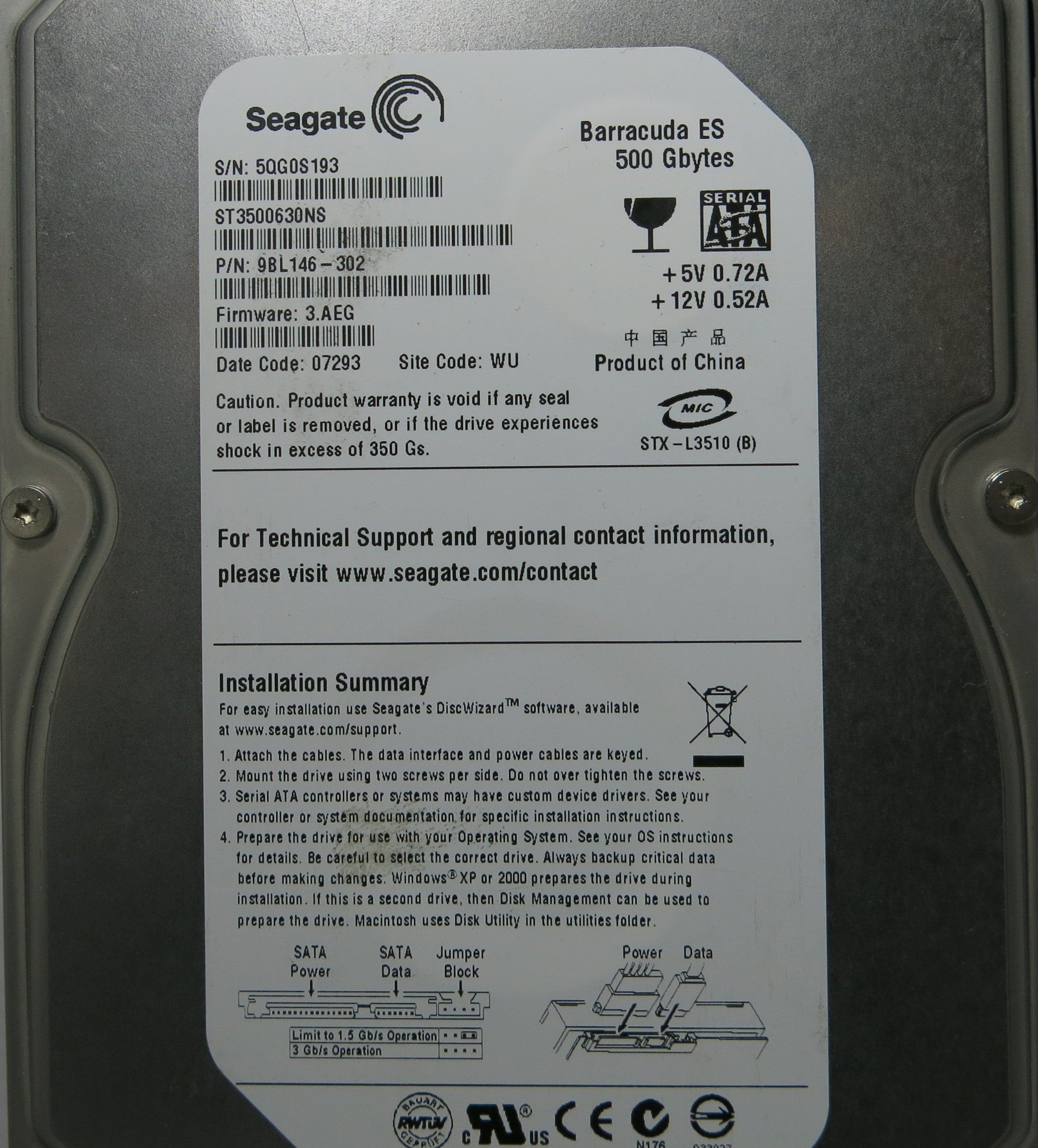 SEAGATE ST3500630NS FW 3.AEG P/N 100406533 REV A PCB