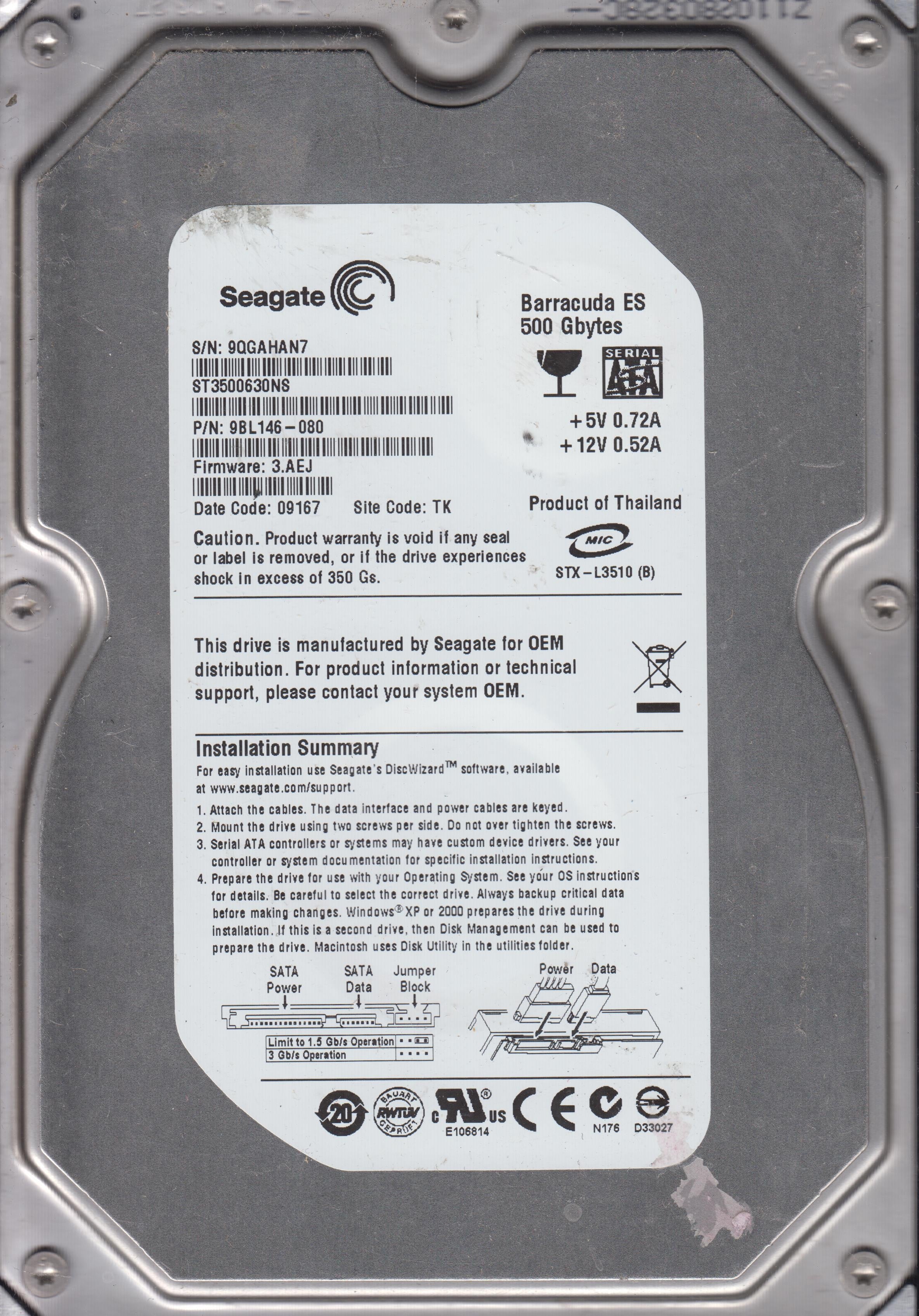 ST3500630NS SERIAL: 9QGAHAN7 500GB 3.5  PCB:100406533 REV A