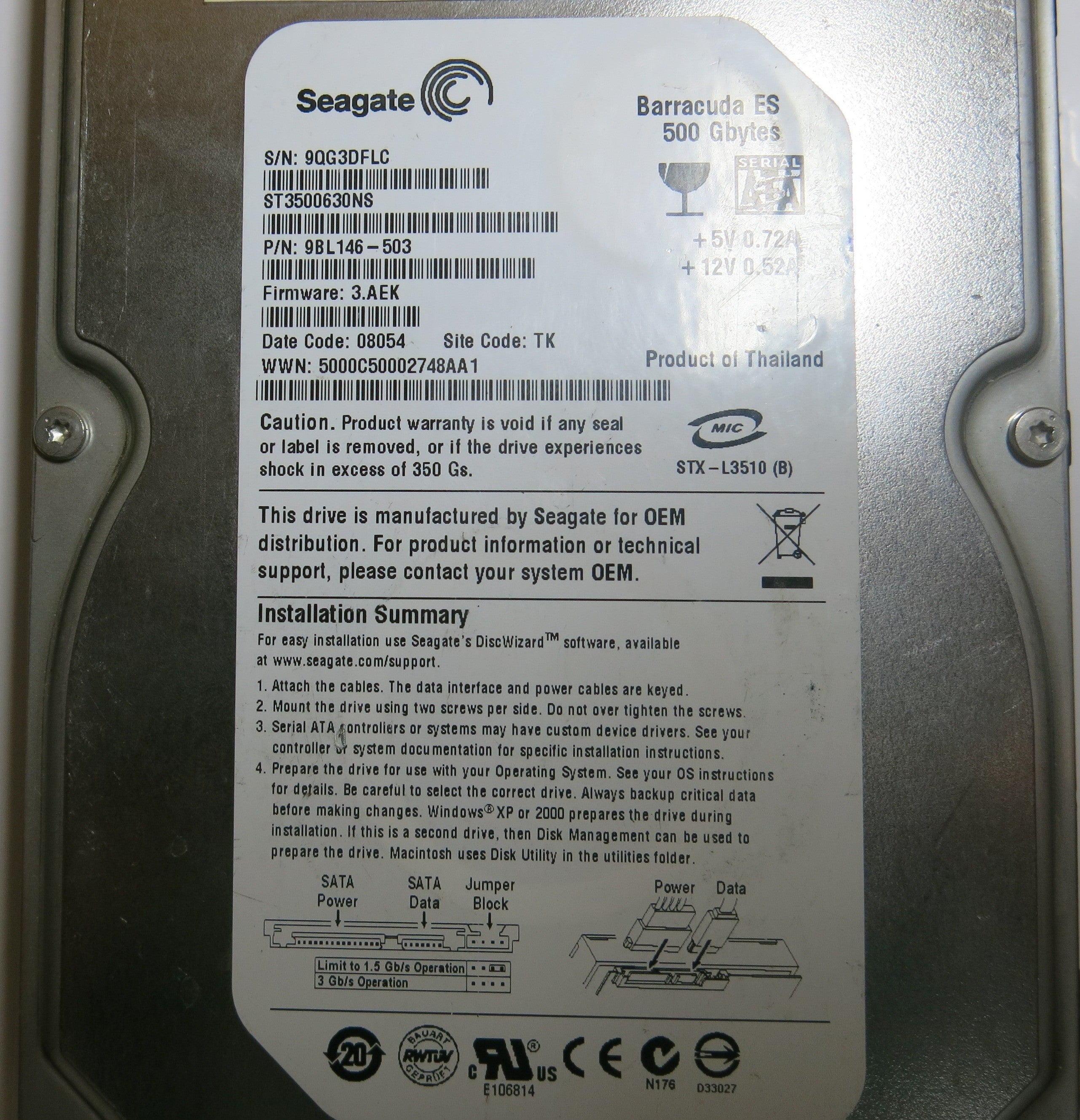 SEAGATE ST3500630NS FW 3.AEK 100406533 REV A PCB